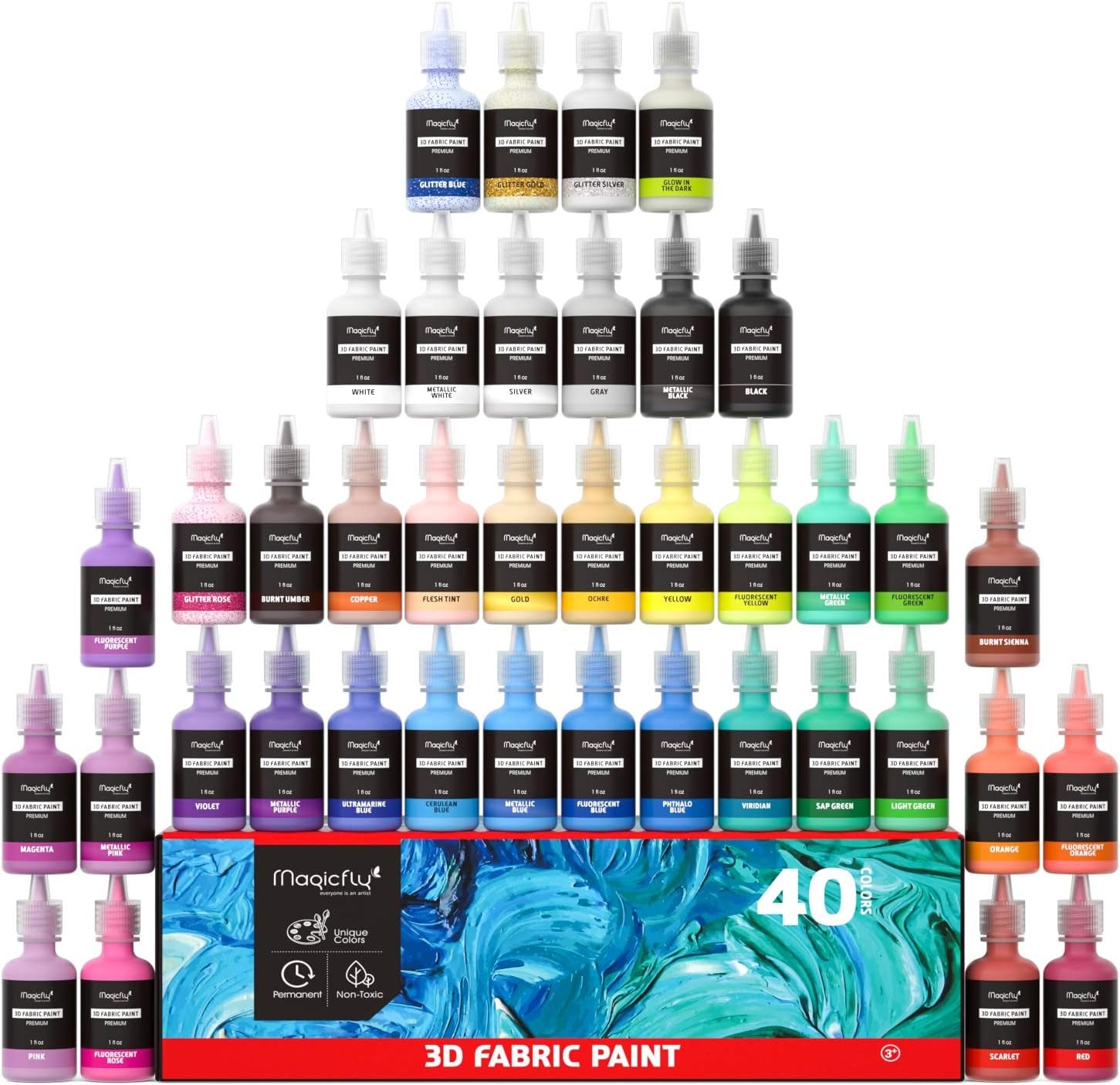 3D Fabric Paint,  40 Colors Permanent Textile Paint with 3 Brushes and Stencils, Permanent Fabric Paint with Fluorescent, Glow in the Dark, Glitter, Metallic Colors for Clothing, T-Shirt, Glas