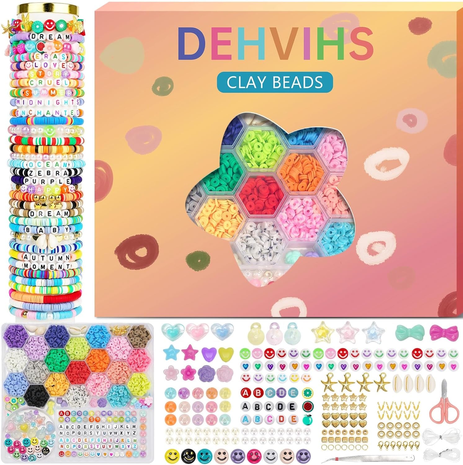 Clay Beads Kit, 6000PCS Friendship Bracelet Making Kit, 21 Colors with 26 Types of Charms Preppy Polymer Heishi Beads with Letter Beads Jewelry Making Kit