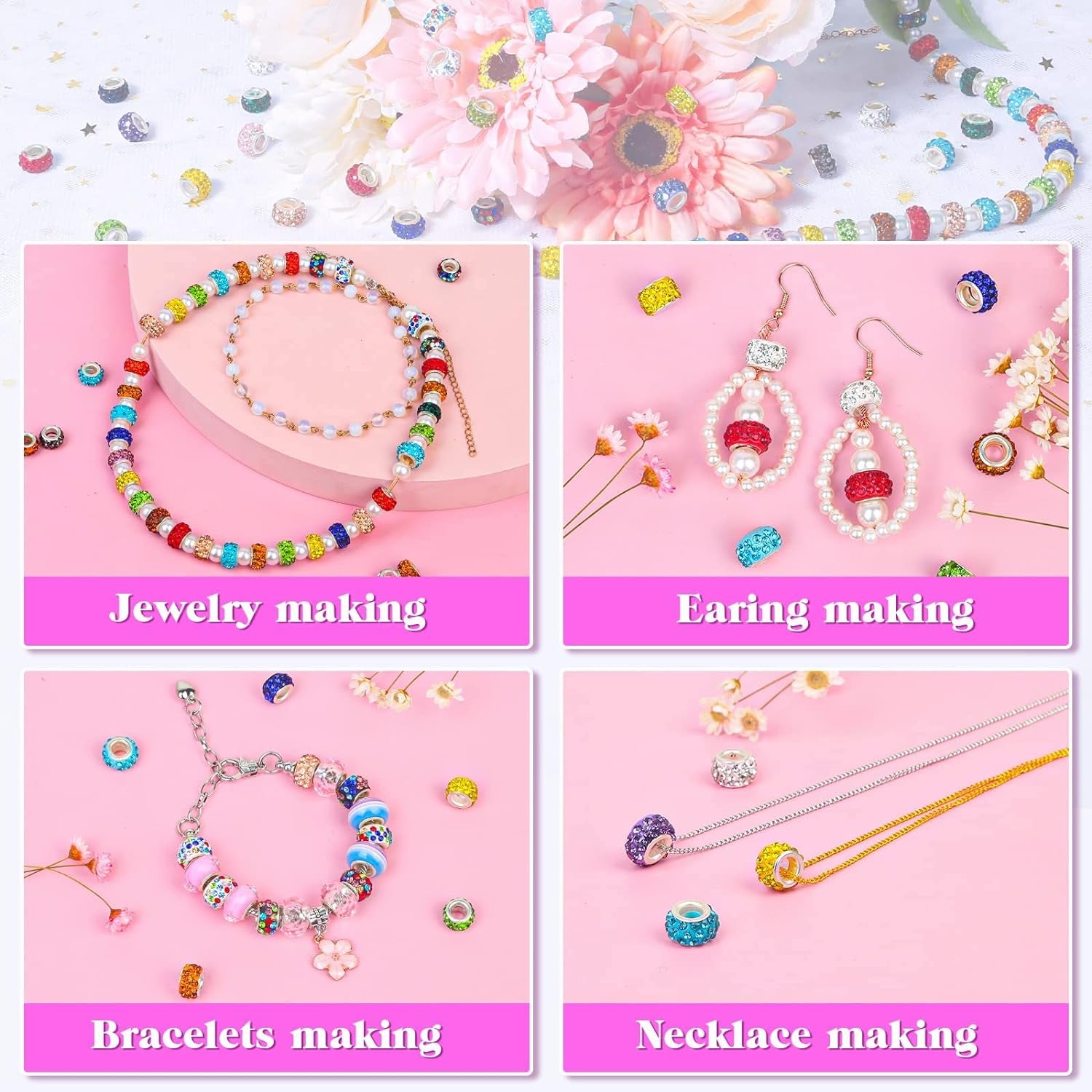 200 PCS Large Hole Beads for Jewelry Making,  European Beads Bulk Spacer Beads with Mixed Color Rhinestone Beads Charms for DIY Craft Bracelet Necklace Earring Making