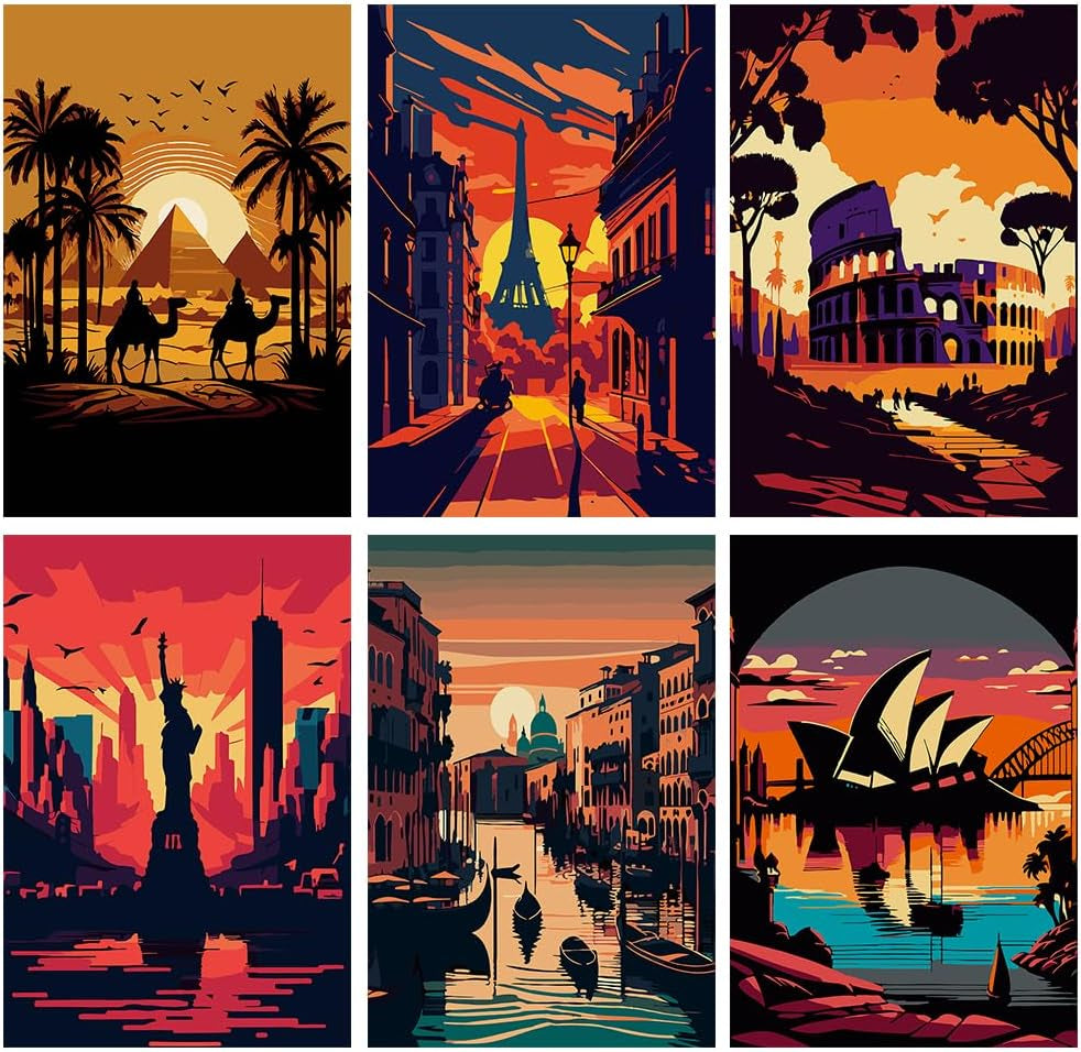 6 Packs Abstract Paint by Number for Adults Canvas, Easy Acrylic Landscape Paint by Numbers Kit for Adults Beginner, World Famous Scenic Spots Oil Painting Kits, Gifts Wall Decor 7.8X11.8Inch
