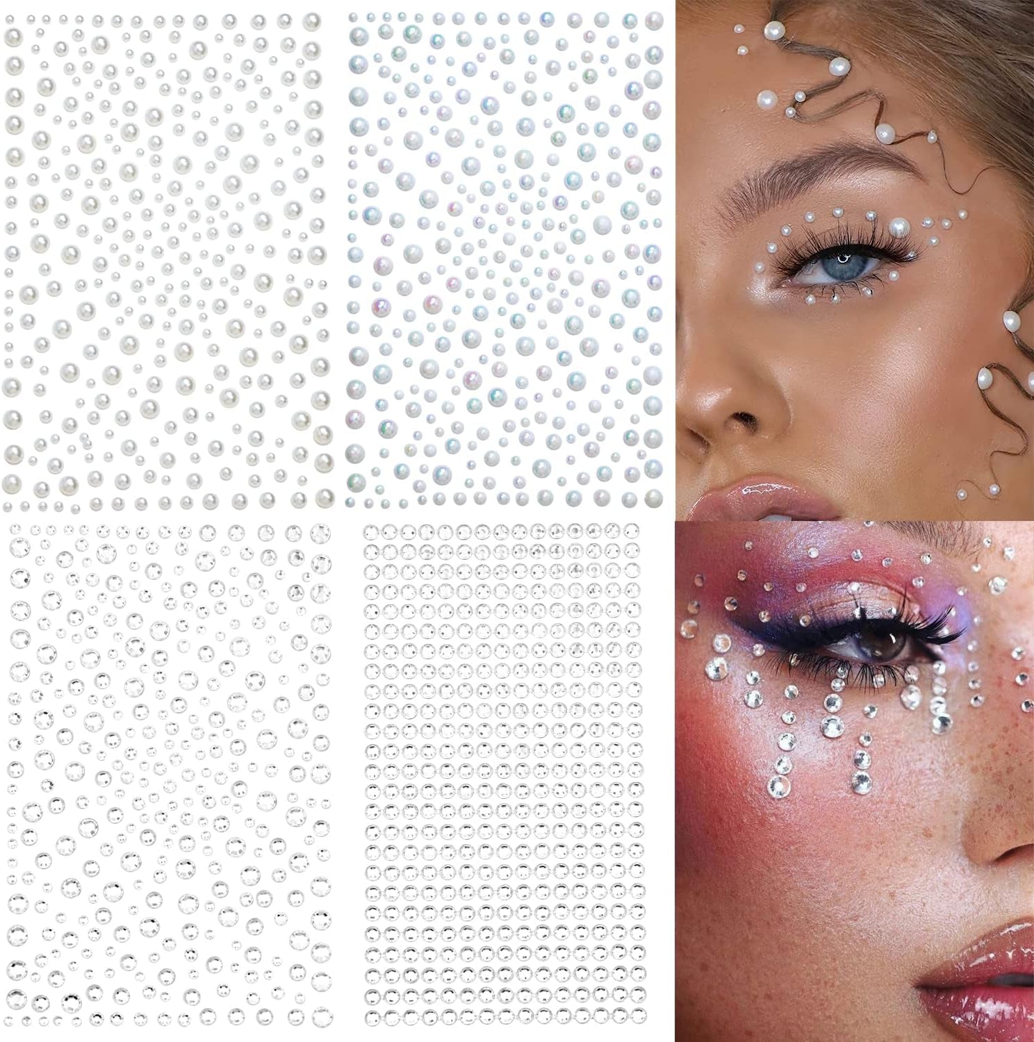 2116 Pcs Self Adhesive Rhinestones for Makeup Eyes Face 6 Sheets Clear Rhinestones Stickers Bling Gems Jewels Stickers for DIY (White)