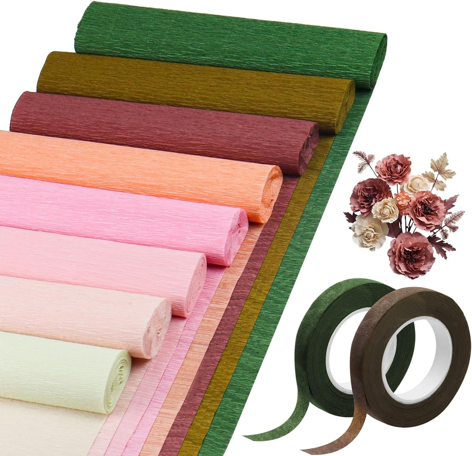 Crepe Paper Flowers, 8 Rolls Wide Crepe Paper Sheets with 2 Floral Tape, Crepe Paper Roll Decorative Party Streamer Flower DIY Kits for Festival Wedding Party Flower Making Supplies(Dried Rose Series）