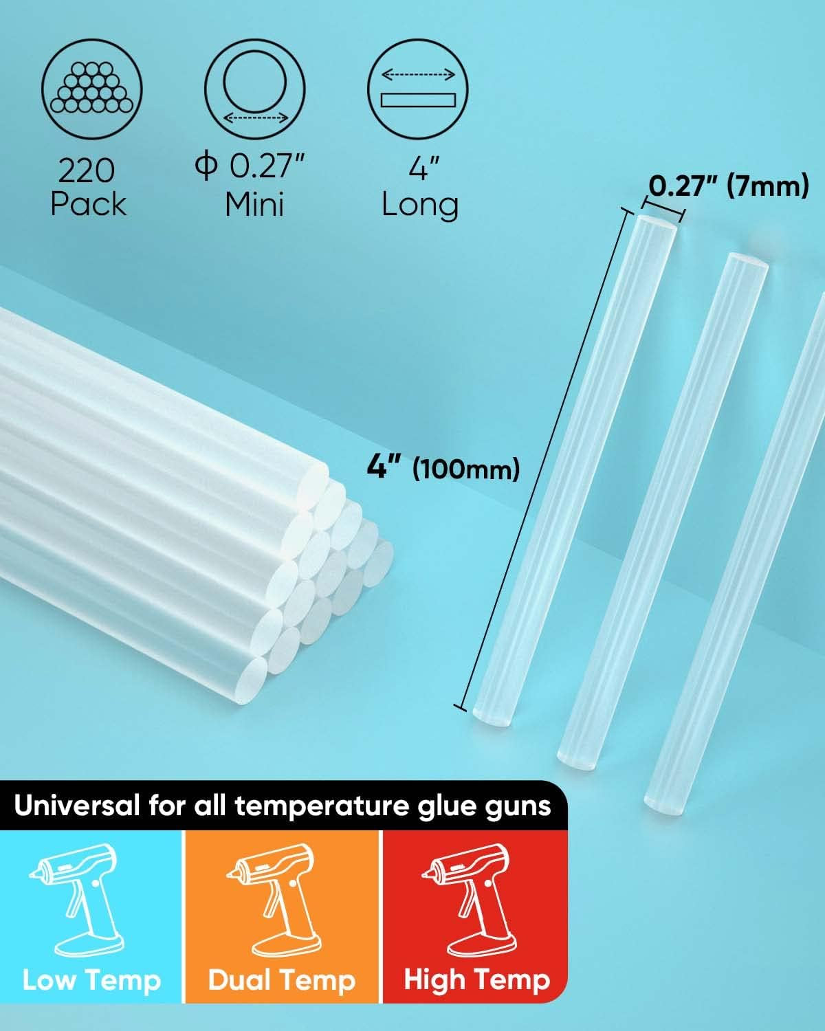 Mini Hot Glue Sticks, 0.27” Dia X 4” Long, 220-Pack Clear Hot Melt Glue Gun Sticks for All-Temp Mini Glue Guns, Multipurpose for Kids Adults DIY Art Craft Sealing Repairing Festival Decoration