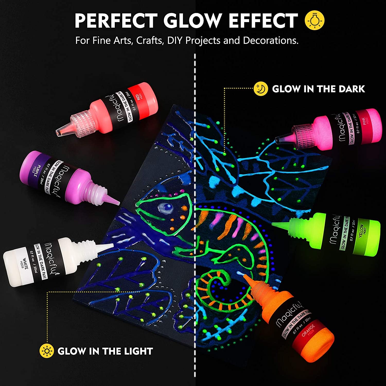 Acrylic Glow in the Dark Paint, 10 Bright Colours Liquid Luminous Paint, Neon Paints Glow in Dark for Painting, Halloween Decoration, DIY Crafts, 20 Ml Each