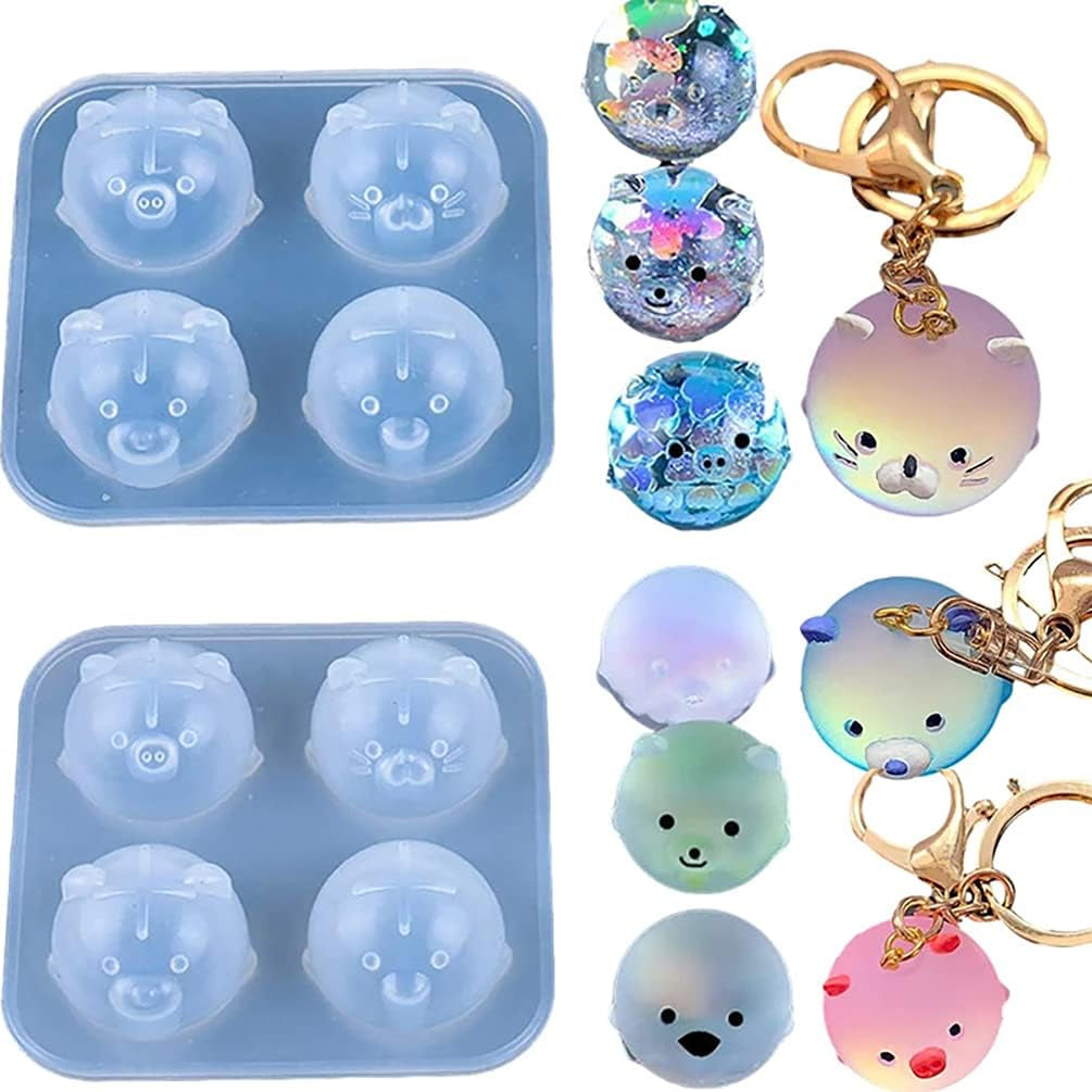 2Pcs Silicone Resin Molds for Jewelry Keychain Pendent Necklace, Cute Animal Orbs Piglet Chicken Bear Shape Ornaments Casting Molds for UV Resin Crafts, DIY Jewelry Making (Mirror & Matt)