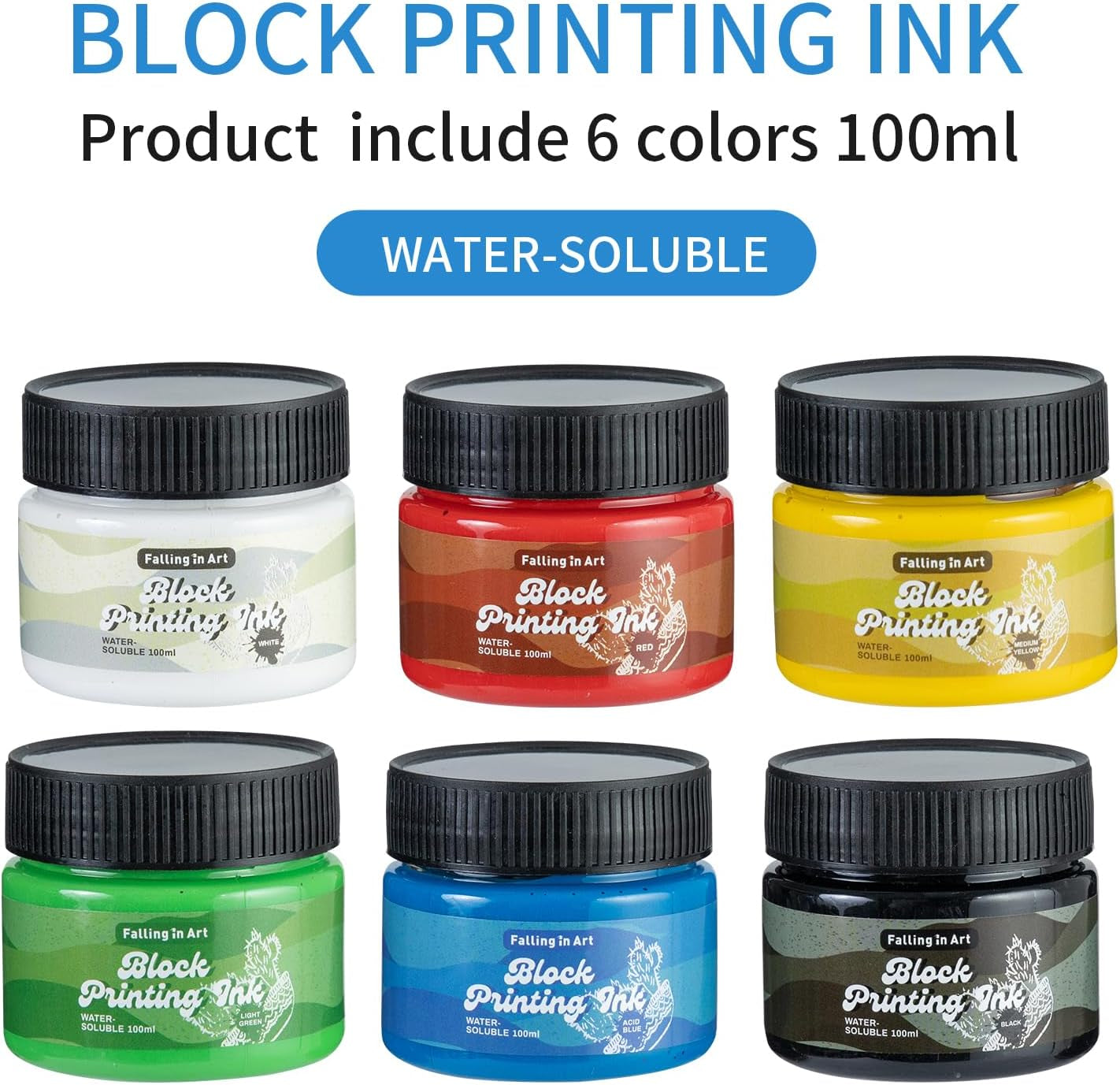 Water-Soluble Block Printing Ink, 6-Color Printmaking Ink Set for Linoleum Block, 3.5 Floz