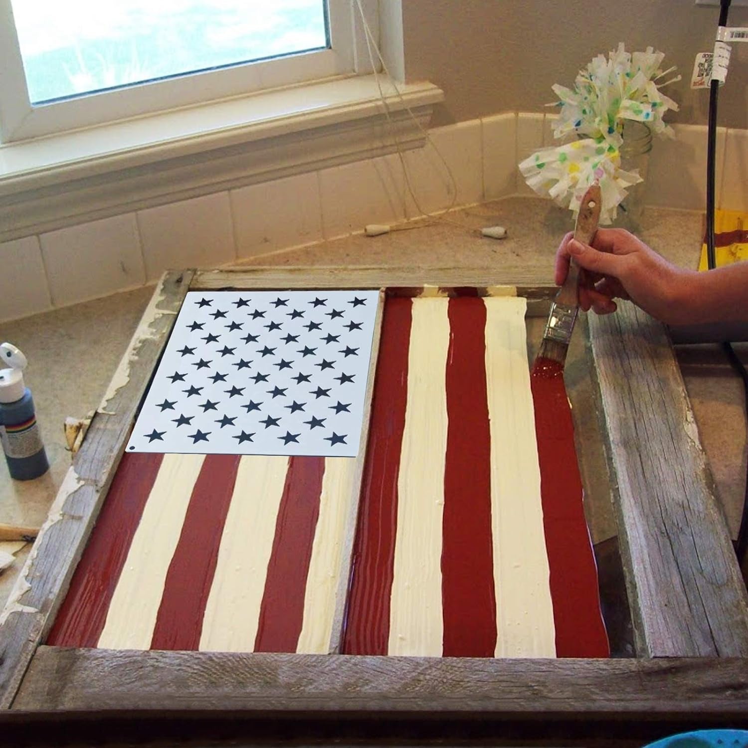 12 Pieces American Flag 50 Star Stencil Templates, 6 Sizes American Flag Templates, Ideal for DIY Crafts Design, Independence Day Project, American Flag Projects