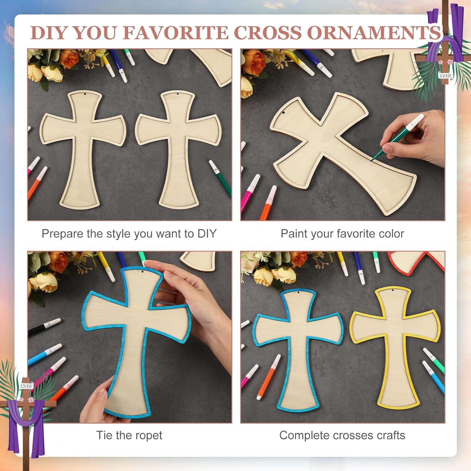 24 Pcs Unfinished Wooden Crosses for Crafts 8.9 X 6.5 Inch Large Blank Wooden Cross with String DIY Christmas Religious Craft Hanging Crosses Ornaments Wood Cross Bulk Projects Home Wall Decor