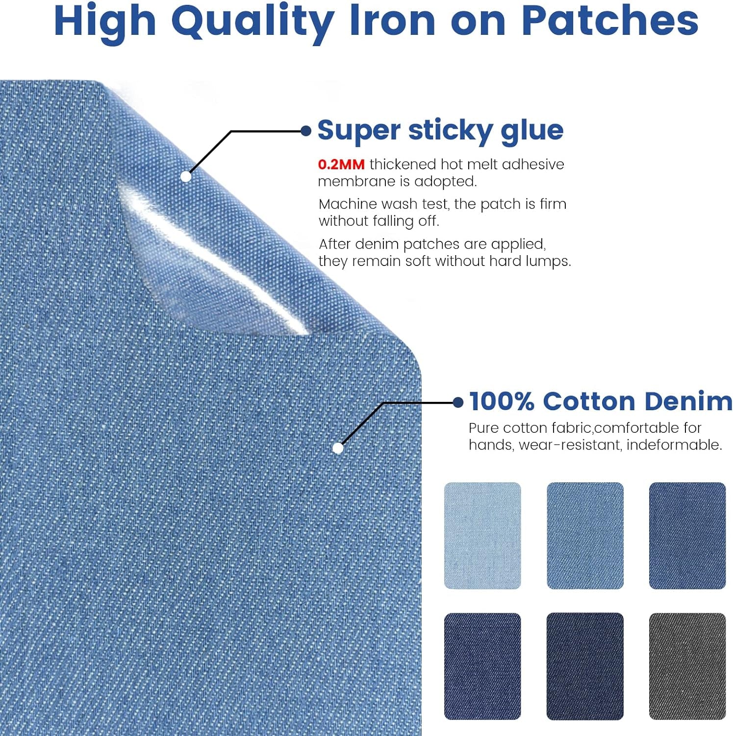 30-Piece Iron on Patches for Jeans, Denim Patches for inside Jeans Pure Cotton, 6 Shades of Blue Iron on Jean Patches for inside Jeans & Clothing Repair, Size 3"X4-1/4"(7.6Cm X 10.8Cm)