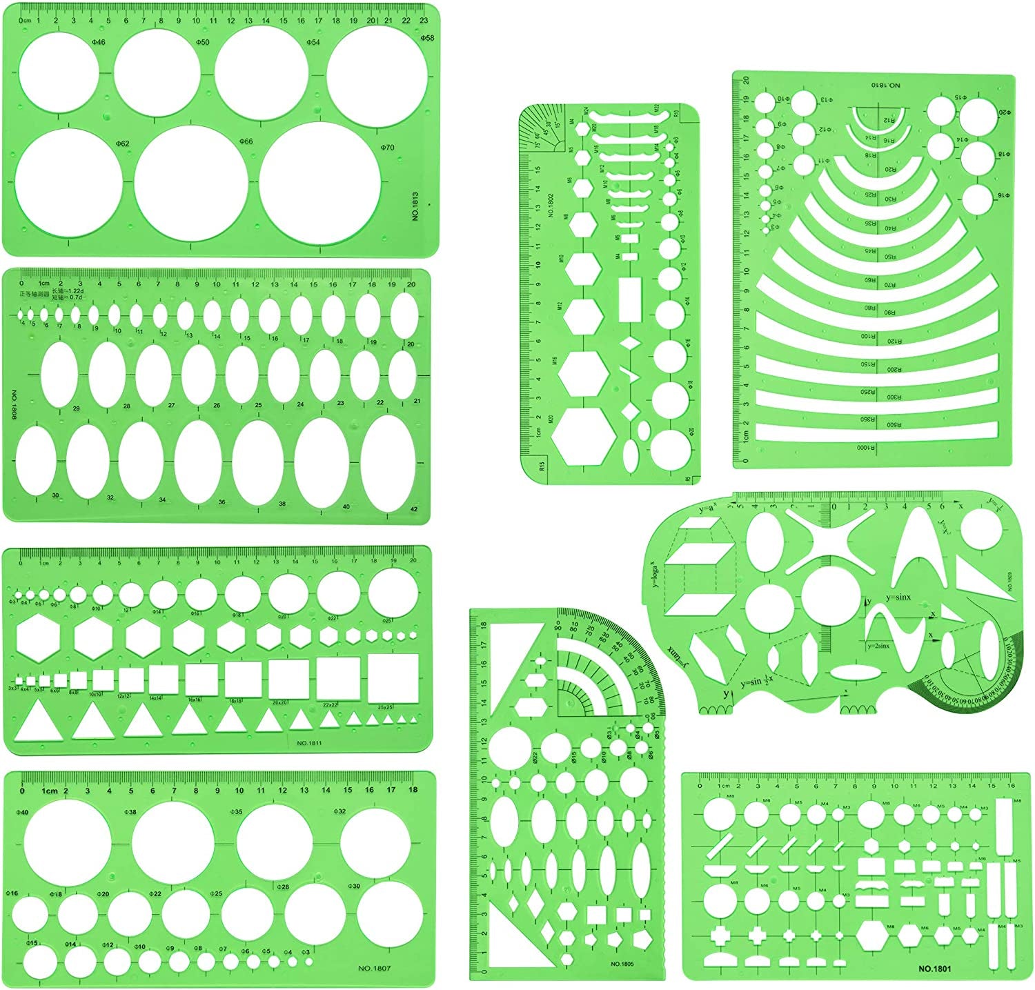 9 PCS Drawing Templates Plastic Rulers Multi-Function Measuring Rulers with French Curve Ruler,Geometric Drawings Templates Rulers Tool Set for Studying Designing and Building (Green)