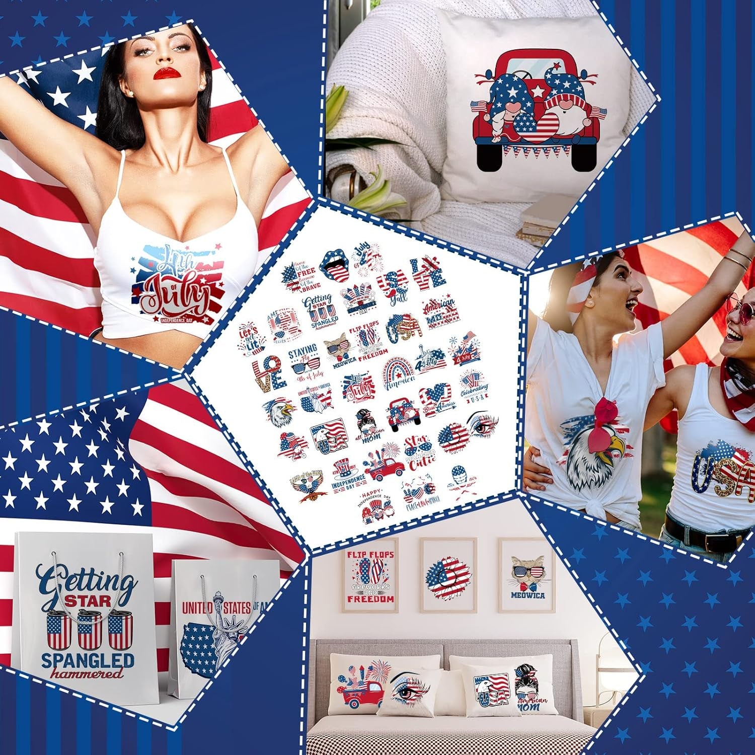 36 Pcs Patriotic Iron on Transfers 4Th of July Iron on Decals Patches Independent Day Western Heat Transfers Vinyl Decals for Clothes Bag Covers DIY Decorations