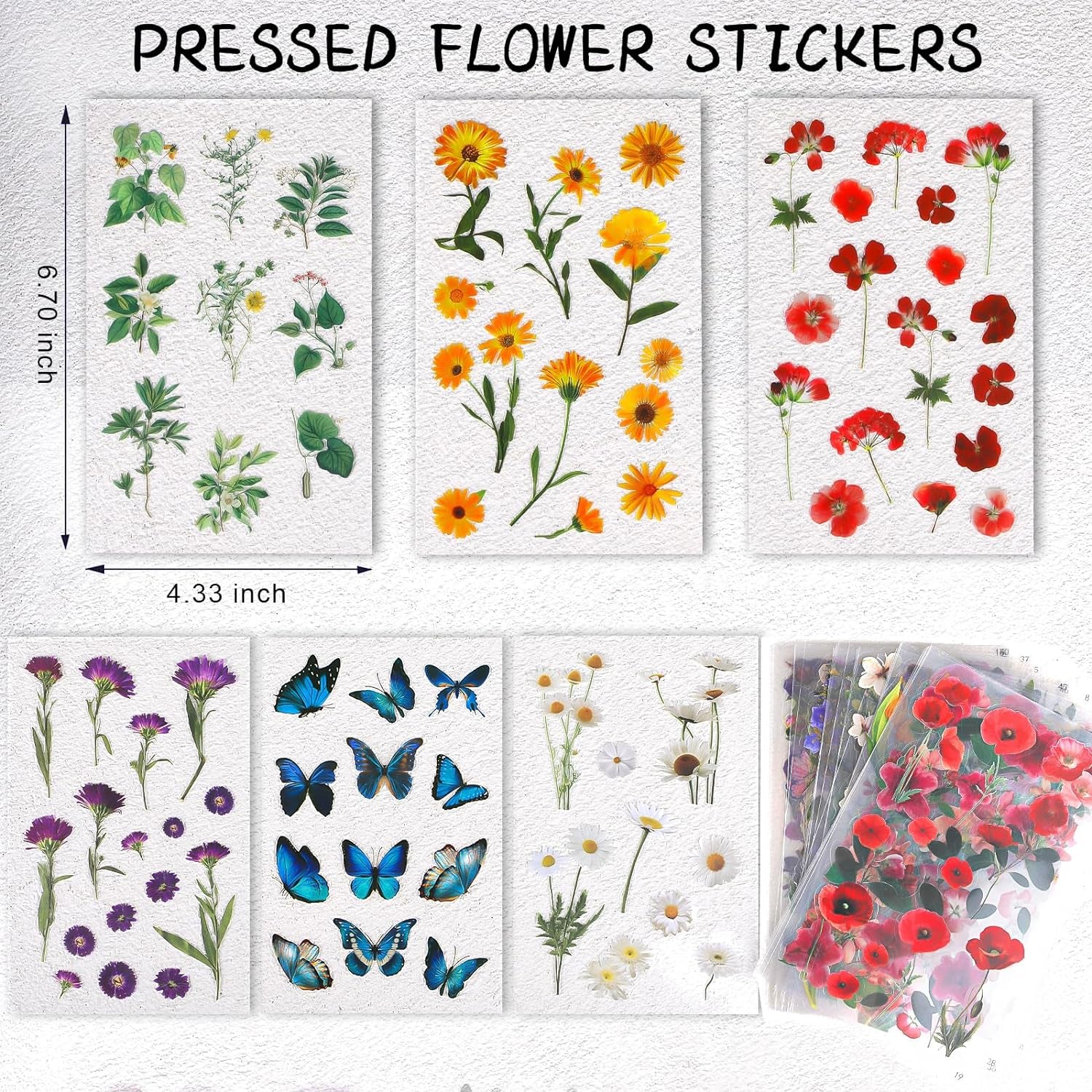 Flower Stickers for Scrapbooking(590 Pieces, 48 Sheets),Decorative Floral Stickers, Small Flower Stickers for Adults, Pressed Flower Stickers Pack, Colorful Wildflower Stickers for Scrapbooking