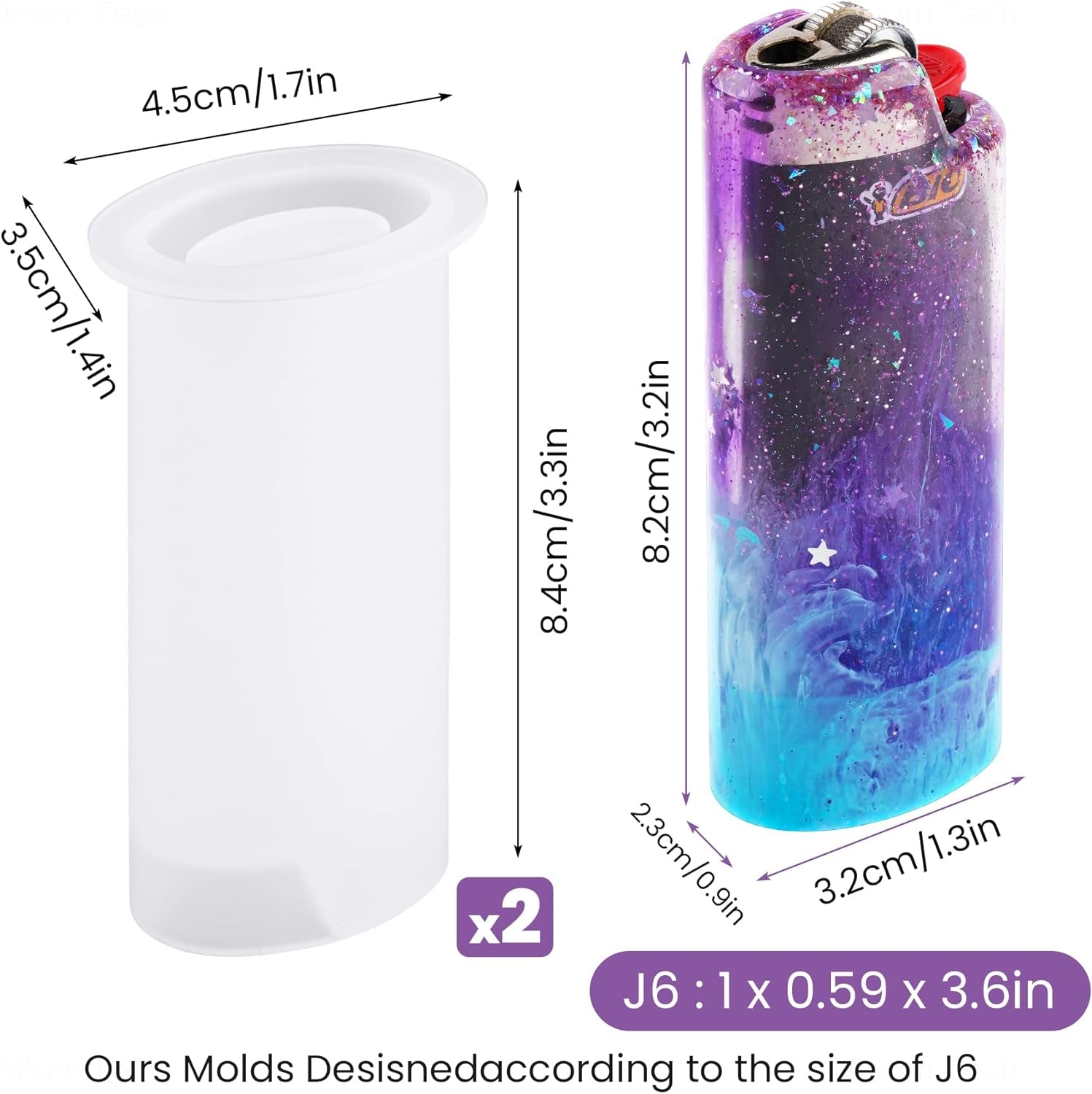 2PCS Pocket Lighter Case Epoxy Resin Silicone Mold & Glitter Pack, Work for Standard Size BIC J6 Lighter Protective Cover Sleeve Pouch Wrap Holder DIY Art Craft (Classic/Full/Maxi/Regular/J6)