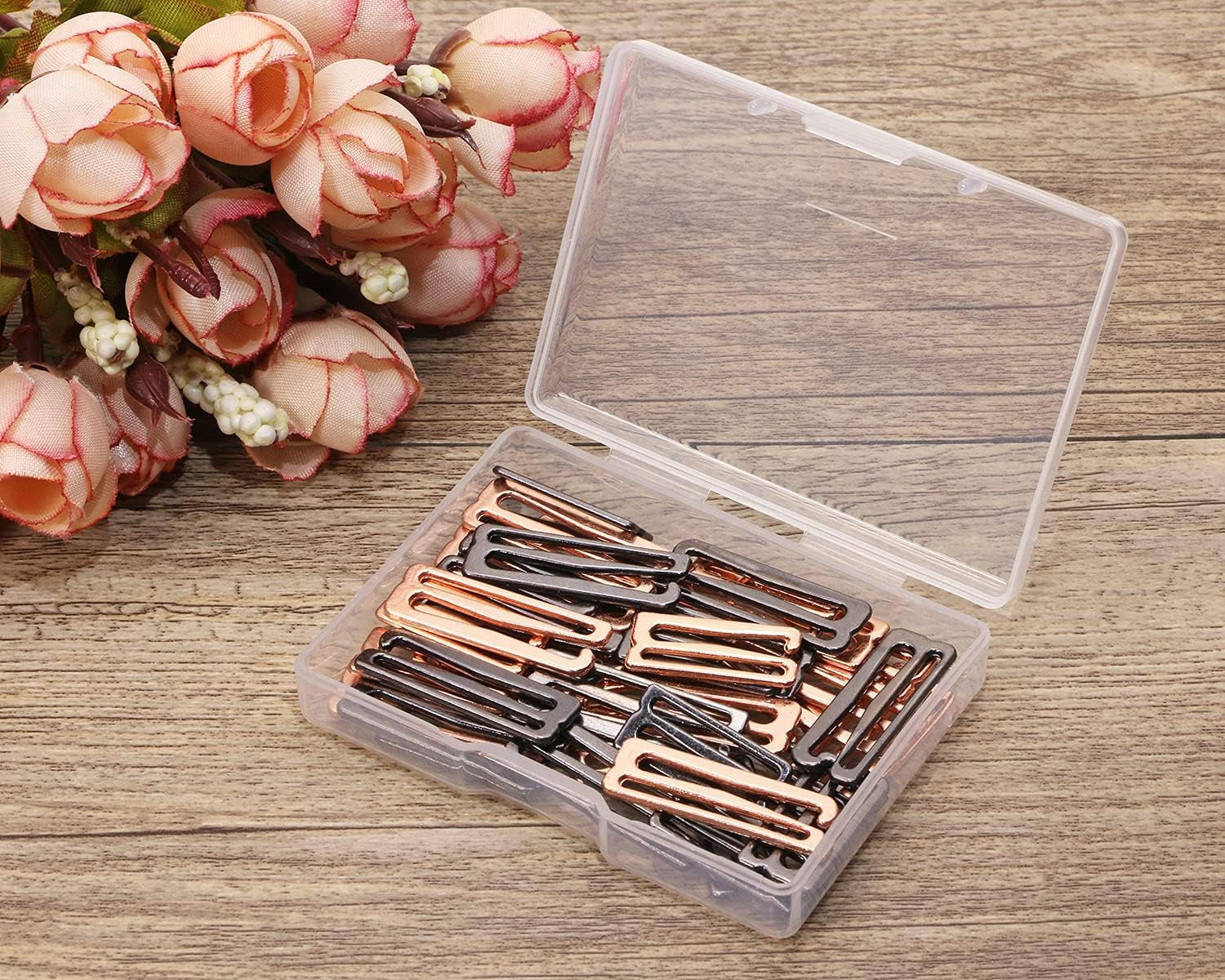 40PCS Metal Bra Strap Hooks for Sewing Bikini Halter Tops Bathing Suit Clips Clasp Swimsuit Adjustment Slides for Lingerie Slip Dress Camisole, 18Mm and 25Mm, Rose Gold and Metallic Black