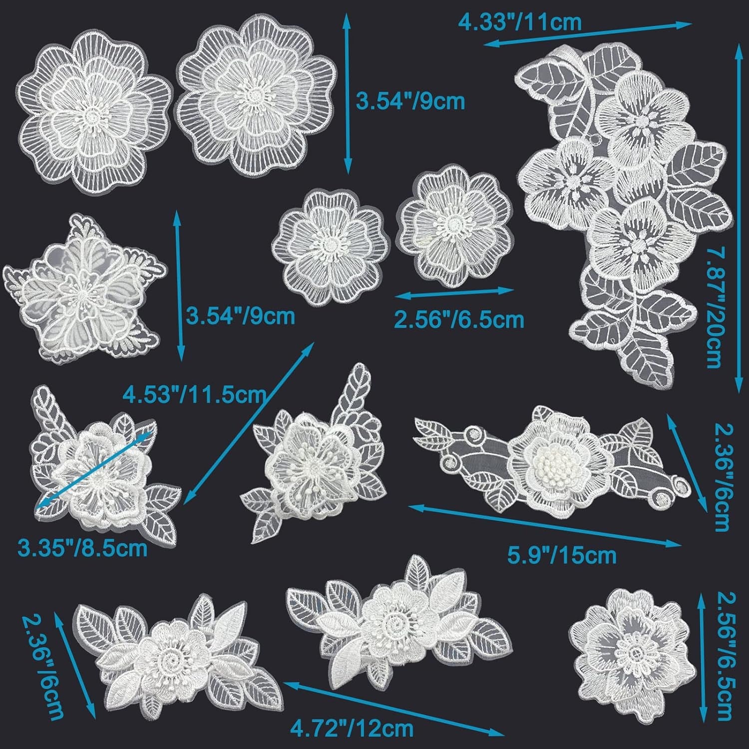 12 Pieces Flower Lace Embroidered Applique 3D Floral Sew on Patches for Clothes Repairing Decorating Wedding Dress DIY Sewing Craft (White)