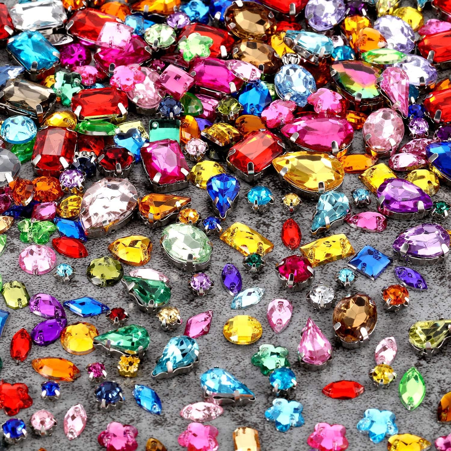 320 Pieces Sew on Rhinestone Glass Crystals Acrylic Gems with Hole Silver Prong Setting Flatback Claw Mix Shape Mix Size for DIY Crafts Dress Clothes Shoes Bag Decorations