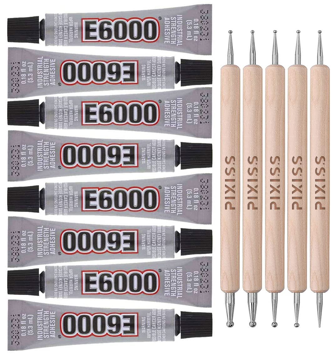 E6000 8-Pack 0.18 Ounce Bottles Industrial Strength Adhesive for Crafting and Pixiss Wooden Art Dotting Stylus Pens 5 Pcs Set - Rhinestone Applicator Application Kit