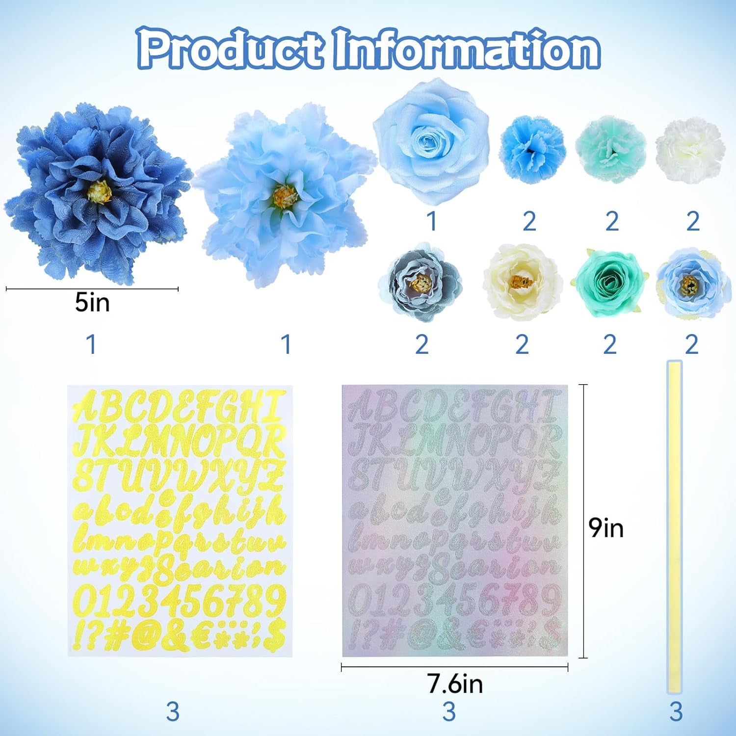 2024 Graduation Cap Decorations Kit - Grad Cap Topper Decor Included 3D Artificial Flowers &amp; Gold and Silver Self-Adhesive Number Letter Stickers &amp; Glue Sticks for DIY (Blue 26 Pcs)
