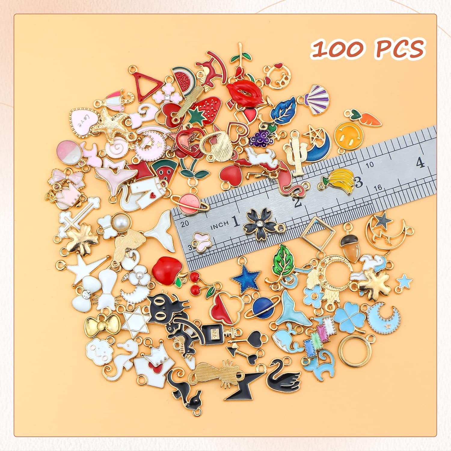 100PCS Gold Plated Enamel Charms Mixed Moon Star Fruit Animal Charm Colorful Pendant DIY for Necklace Bracelet Jewelry Making and Crafting