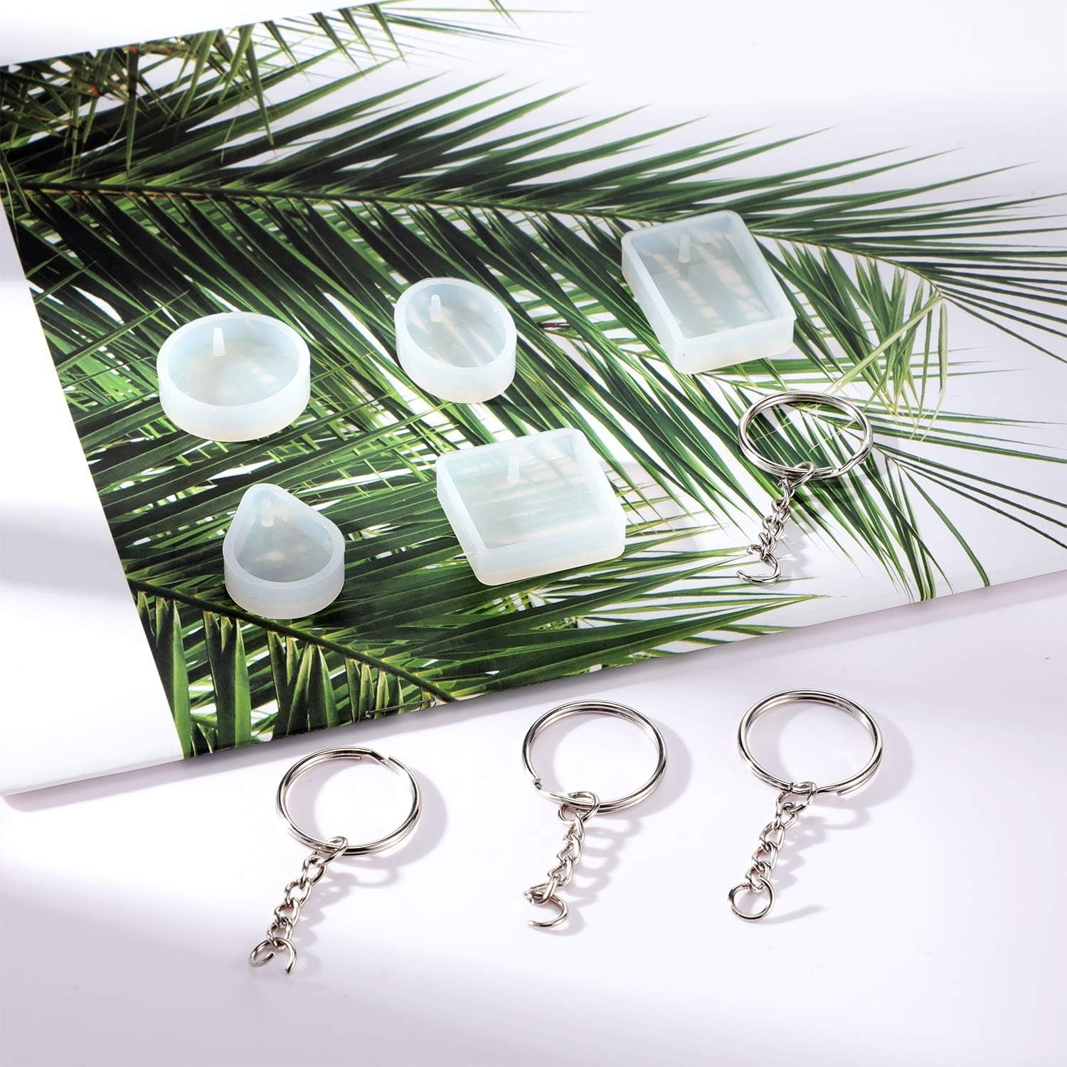 Silicone Resin Keychain Mold Set, Jewelry Pendant Casting Mold DIY Epoxy Keychain Mold with Keychain Rings, Dried Flower and round Sequins for DIY Craft Making Supplies, 67 Pieces