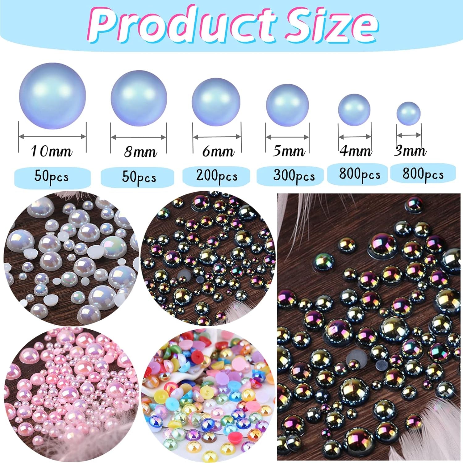 2200Pcs Flatback Pearls for Crafts,Assorted Sizes Half round Pearl Beads Rhinestones for Nails,Pearl Flatback Resin Cabochons Beads for DIY Crafts Decoration (Black AB)