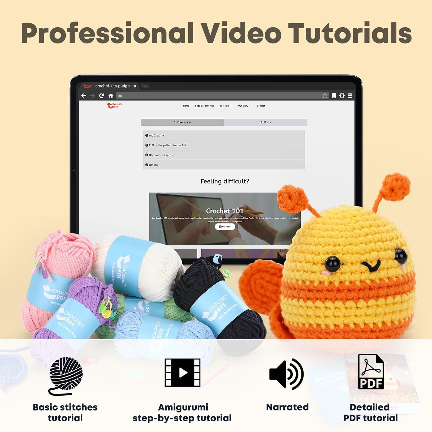 Crochet Kit for Beginners - Bee Crochet Kit, Learn to Crochet, All You Need In, Videos, Instructions, Soft Yarn, Birthday Gift for Adults
