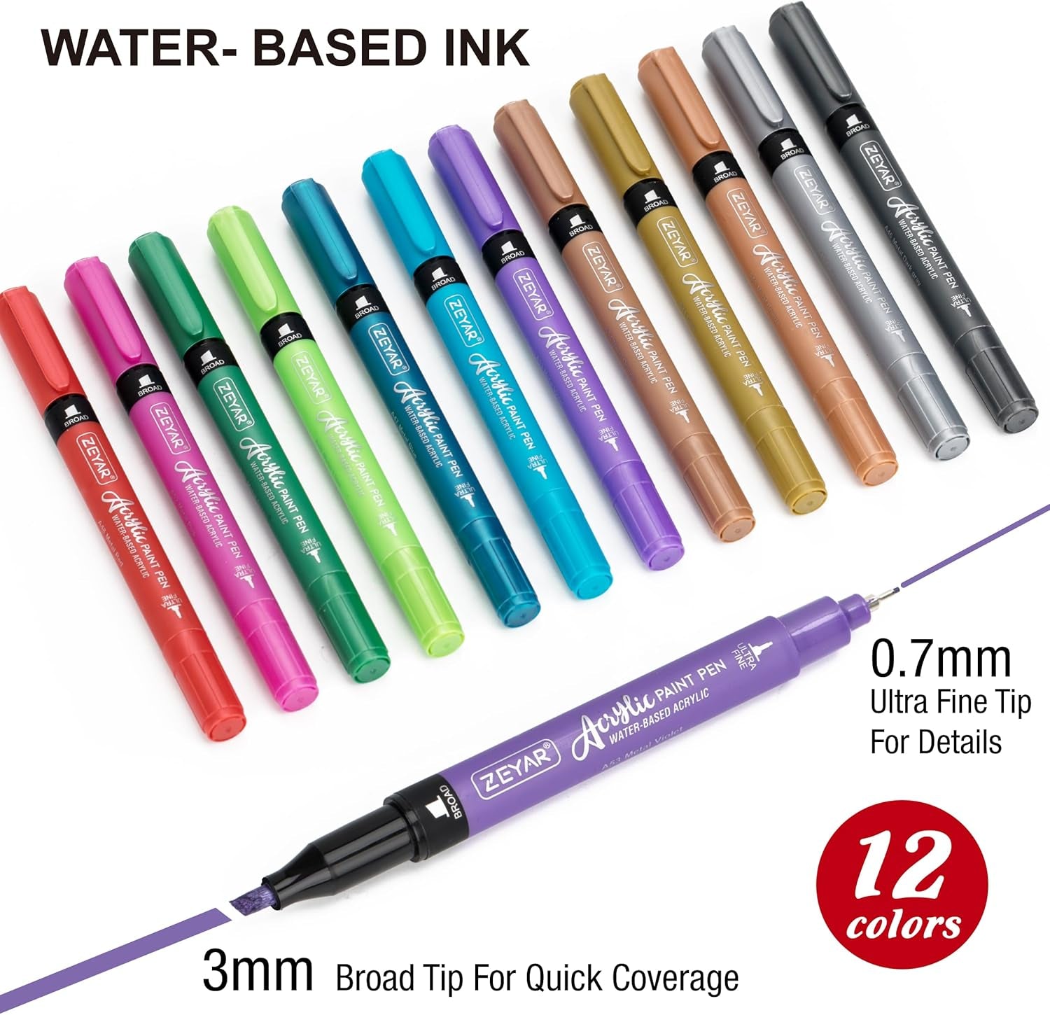 Acrylic Paint Pen, Needle Extra Fine and Chisel Point, 12 Metallic Colors, Waterproof Ink, Works on Rock, Wood, Glass, Metal, Ceramic and More