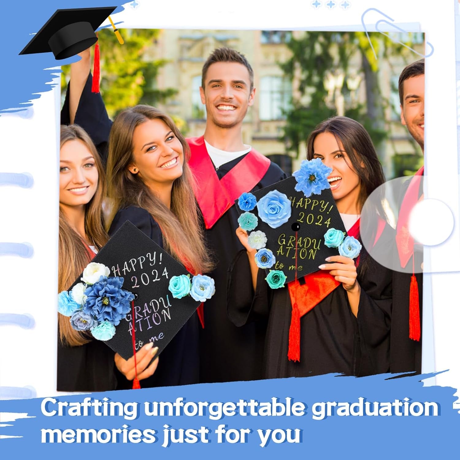 2024 Graduation Cap Decorations Kit - Grad Cap Topper Decor Included 3D Artificial Flowers & Gold and Silver Self-Adhesive Number Letter Stickers & Glue Sticks for DIY (Blue 26 Pcs)