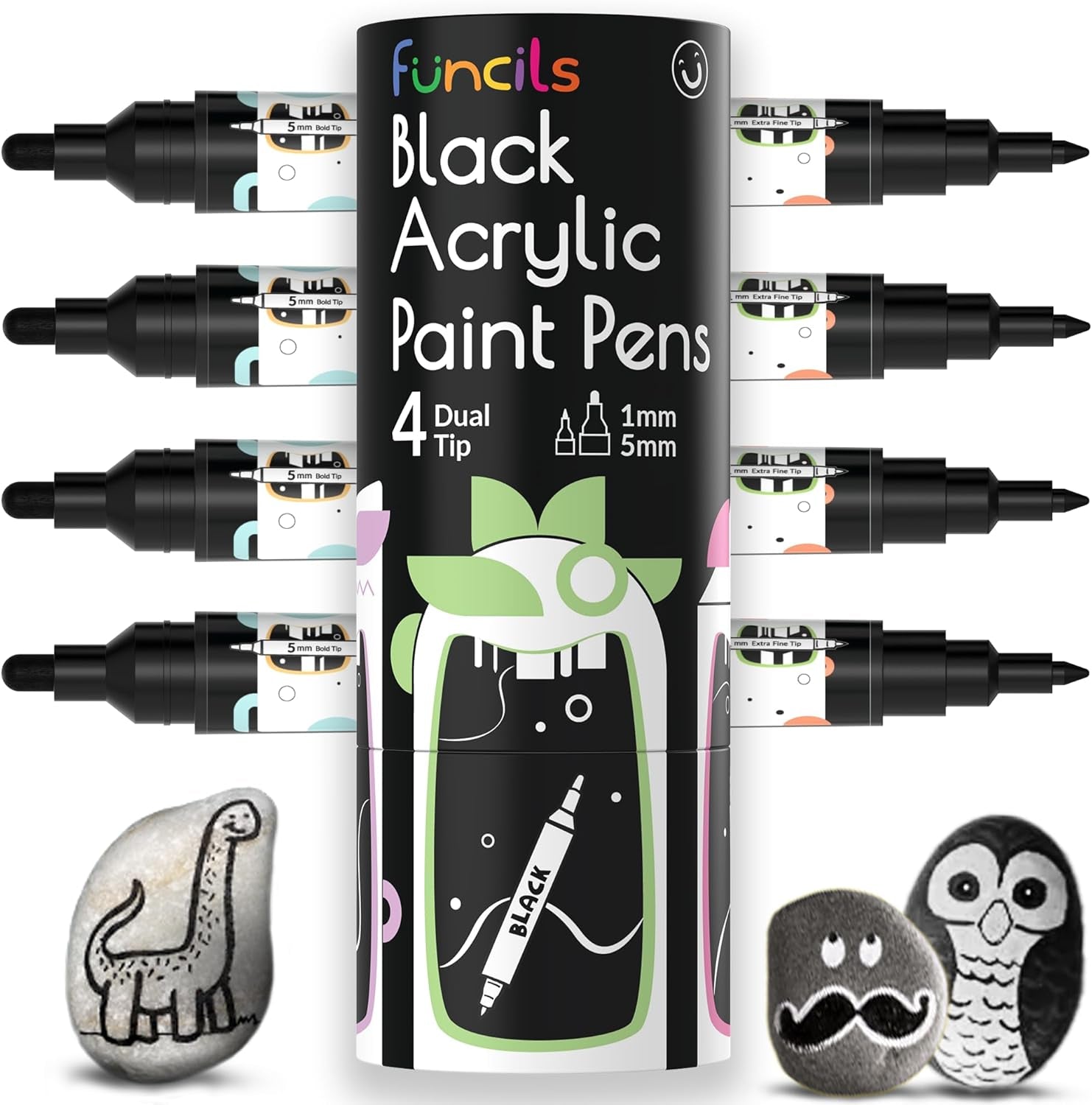 4 Dual Tip Acrylic Paint Pens - Fine Tip &amp; Medium, Permanent &amp; Waterproof - Acrylic Paint Markers for Rock Painting, Canvas, Wood, Ceramic, Glass, Fabric, Metal - White, Black, Gold &amp; Silver