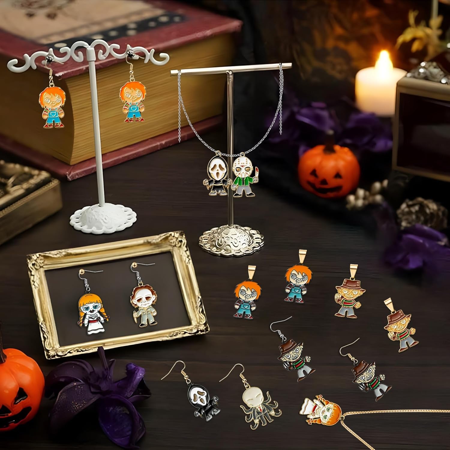 28Pcs Horror Classic Movie Character Charms Halloween Enamel Pendants, Horror Alloy Charm Pendant Ghost Dangle Halloween Scary Earring Necklace Bracelet Charms for Jewelry Making DIY Crafts Gifts