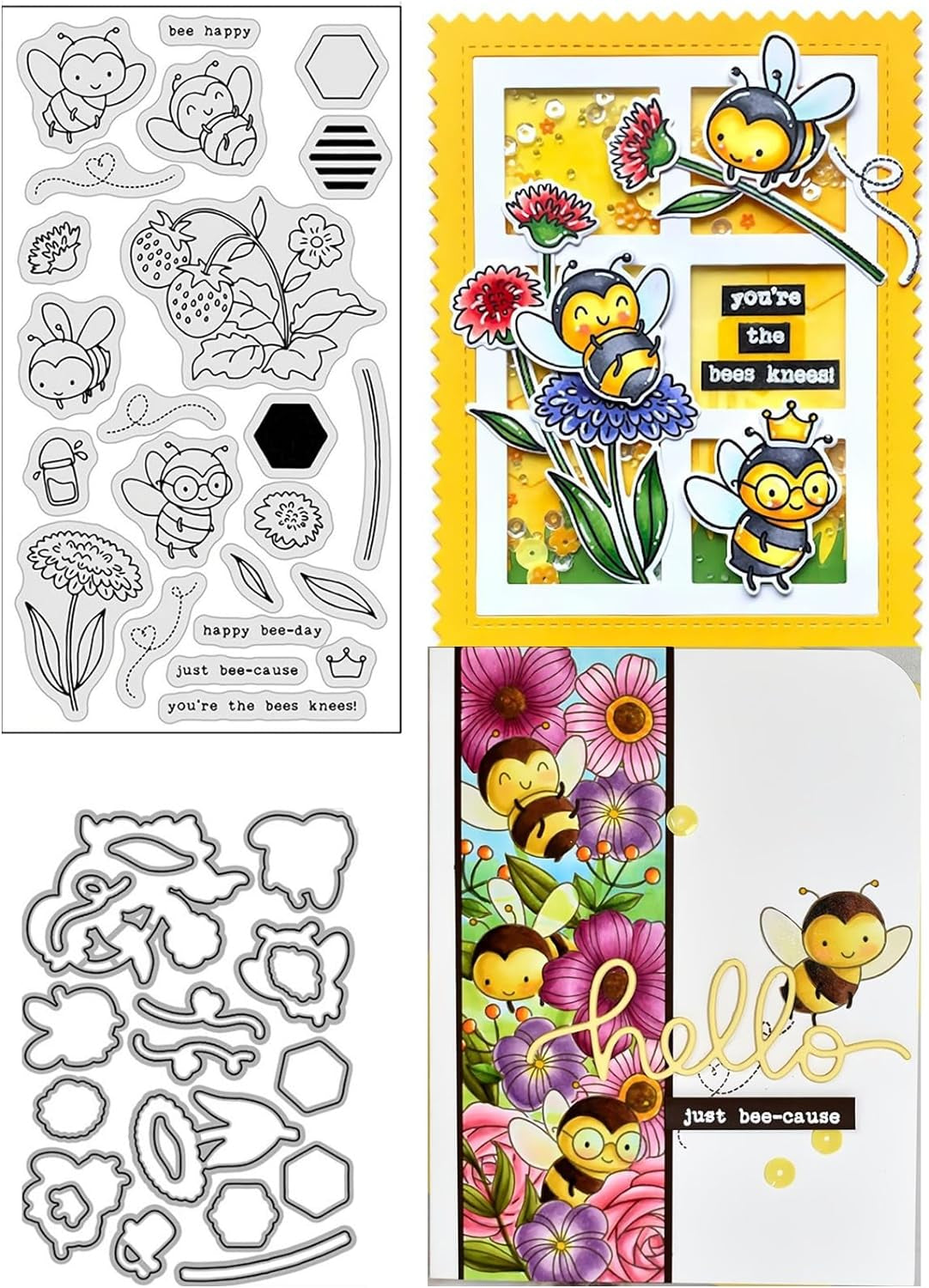 Bees and Strawberries and Sunflowers Stamps and Dies Set for Card Making,Clear Stamps and Metal Cutting Dies Sets for Scrapbooking DIY Album Card Making Supplies