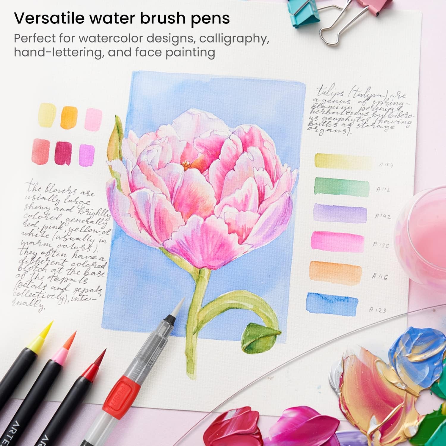 Water Brush Pen, Set of 6, Assorted Soft Nylon Bristle Tips, Self-Moistening Water Brush, Refillable Water Pen