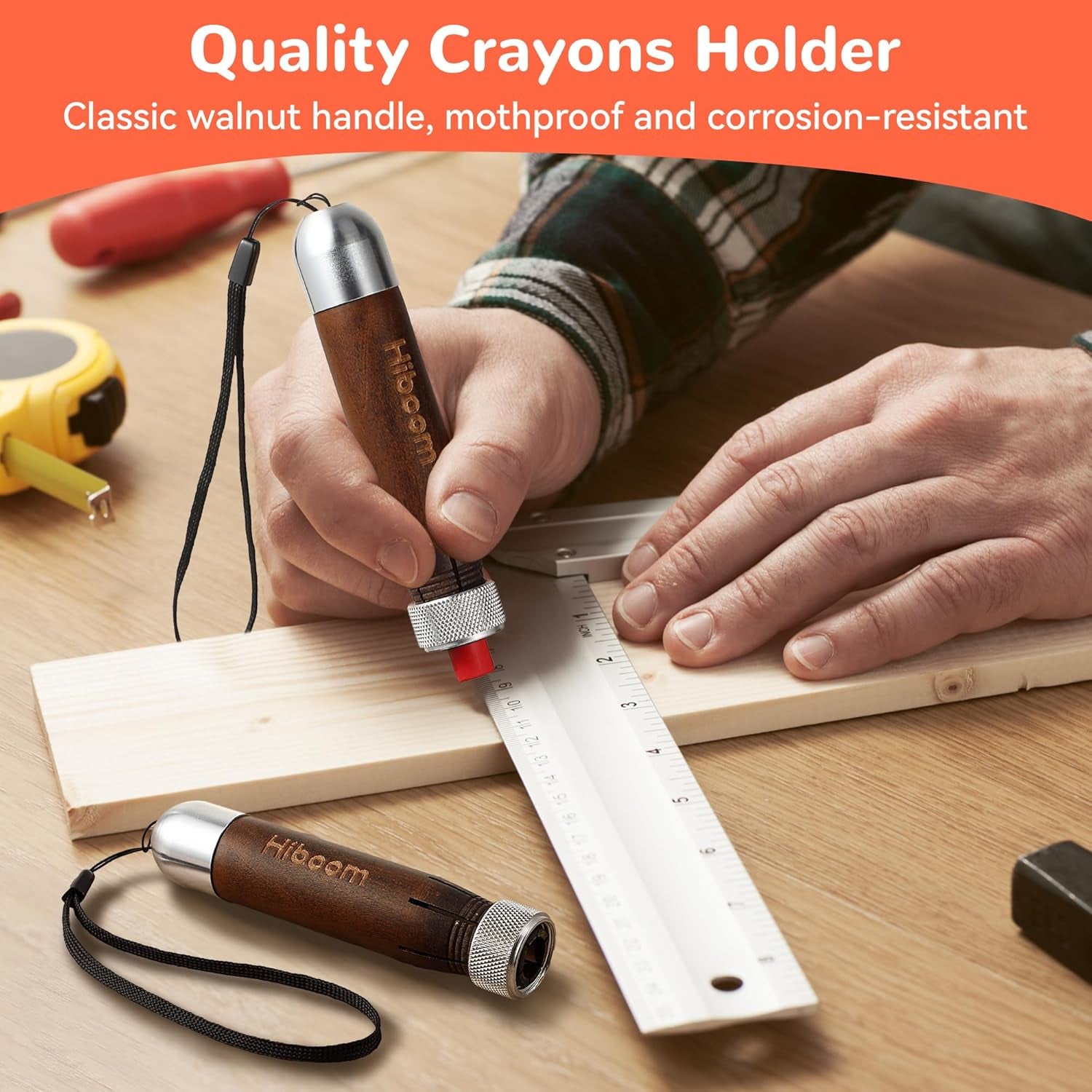2 Pack Crayon Holder for 1/2'' round or Hexagonal Marking Crayons, Wood Lumber Crayon Holder with Metal Chuck, Metal Caps and Nylon Lanyard, Walnut Handle