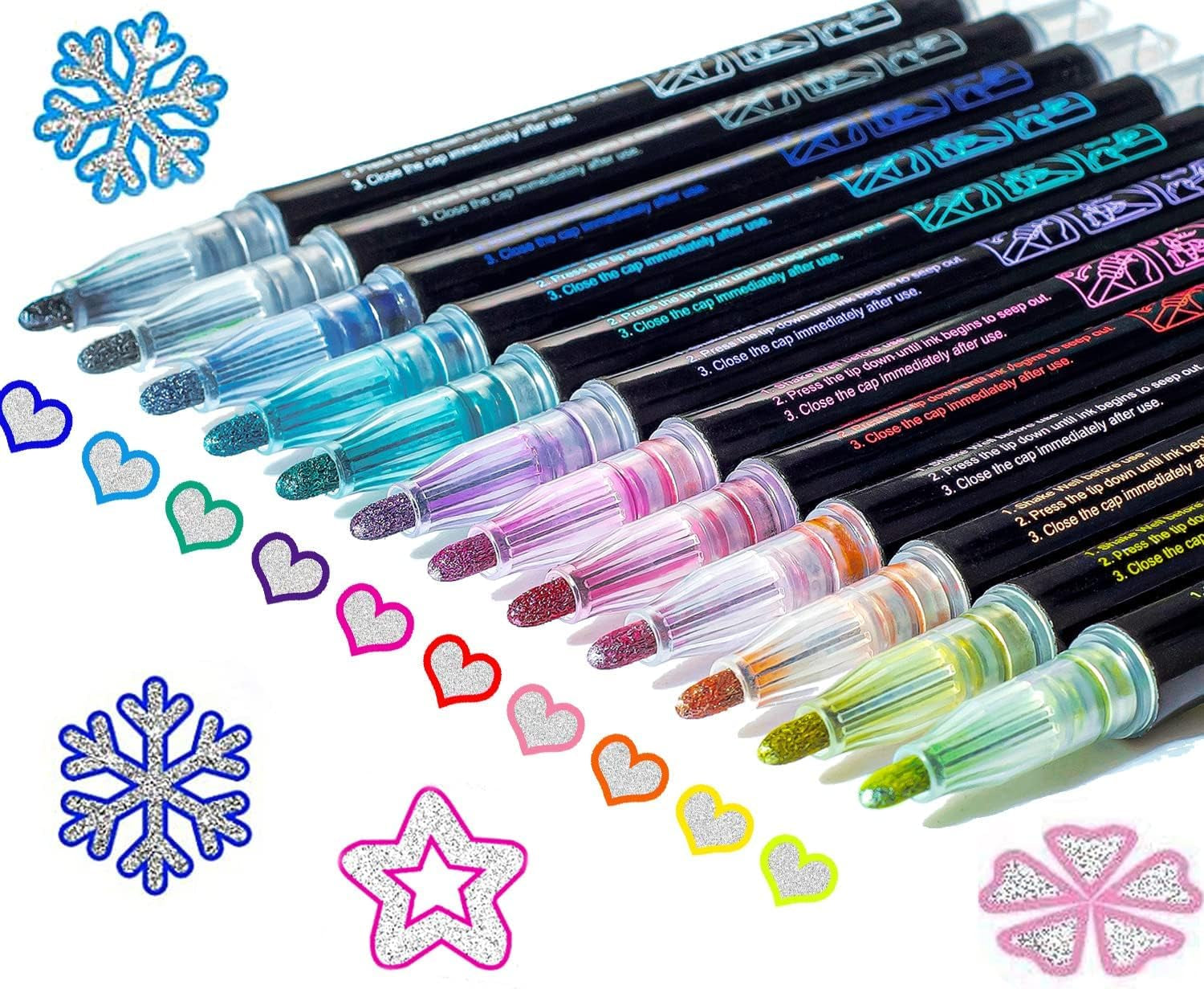 Shimmer Markers Outline Double Line: 24 Colors Glitter Metallic Pen Set Super Squiggles Sparkle Cool Fun Self Sparkly Kid Age 4 8 10 12 Girl Gift Doodle Supplies Art Craft Girl Stocking Stuffer