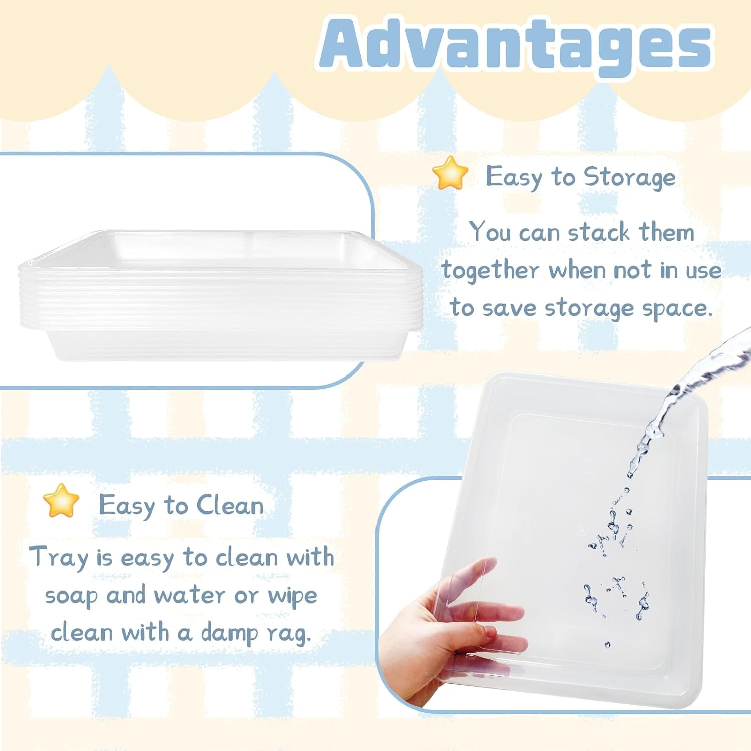 10 Pcs Plastic Art Trays,Reusable Plastic Trays for Serving Food and Parties,Stackable Activity Tray for DIY Projects,Painting,Beads11 X 8.3 X 1.2 Inch (Clear)