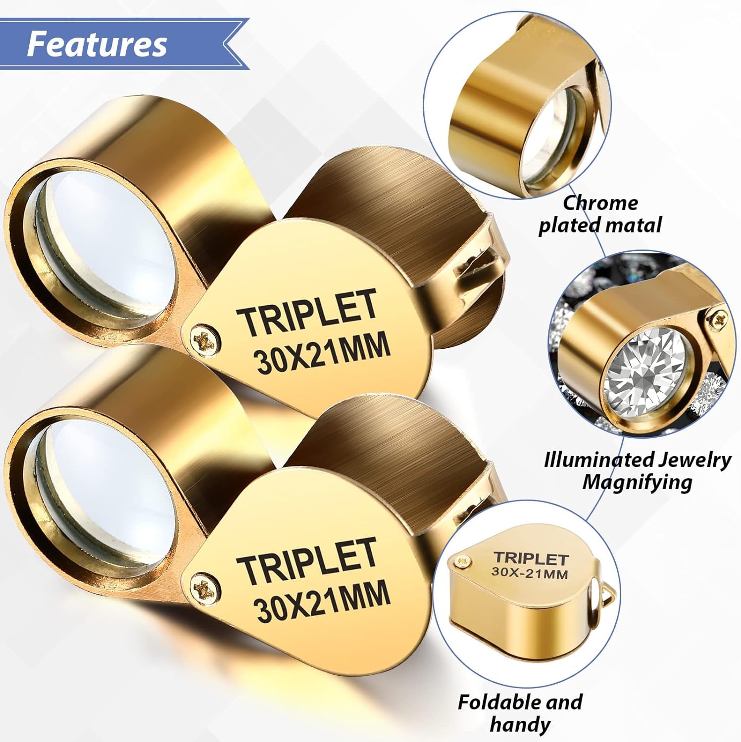 3 Pieces Magnifying Glass 30X 40X 60X Jewelers Loupe Illuminated Jewelers Eye Loupe Foldable Loupe Magnifier with Light Diamond Magnifying Glass for Gems Jewelry Coins Stamps Watches