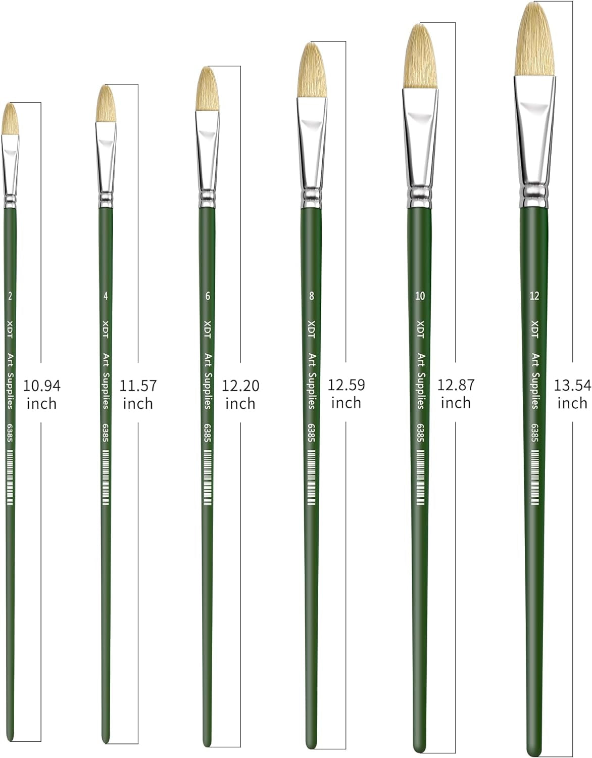 XDT#6385 Filbert Artist Paint Brush 6 Piece Set Medium Stiff Hog Bristle Extra Long Handle #2#4#6#8#10#12, Acrylic Oil Watercolor