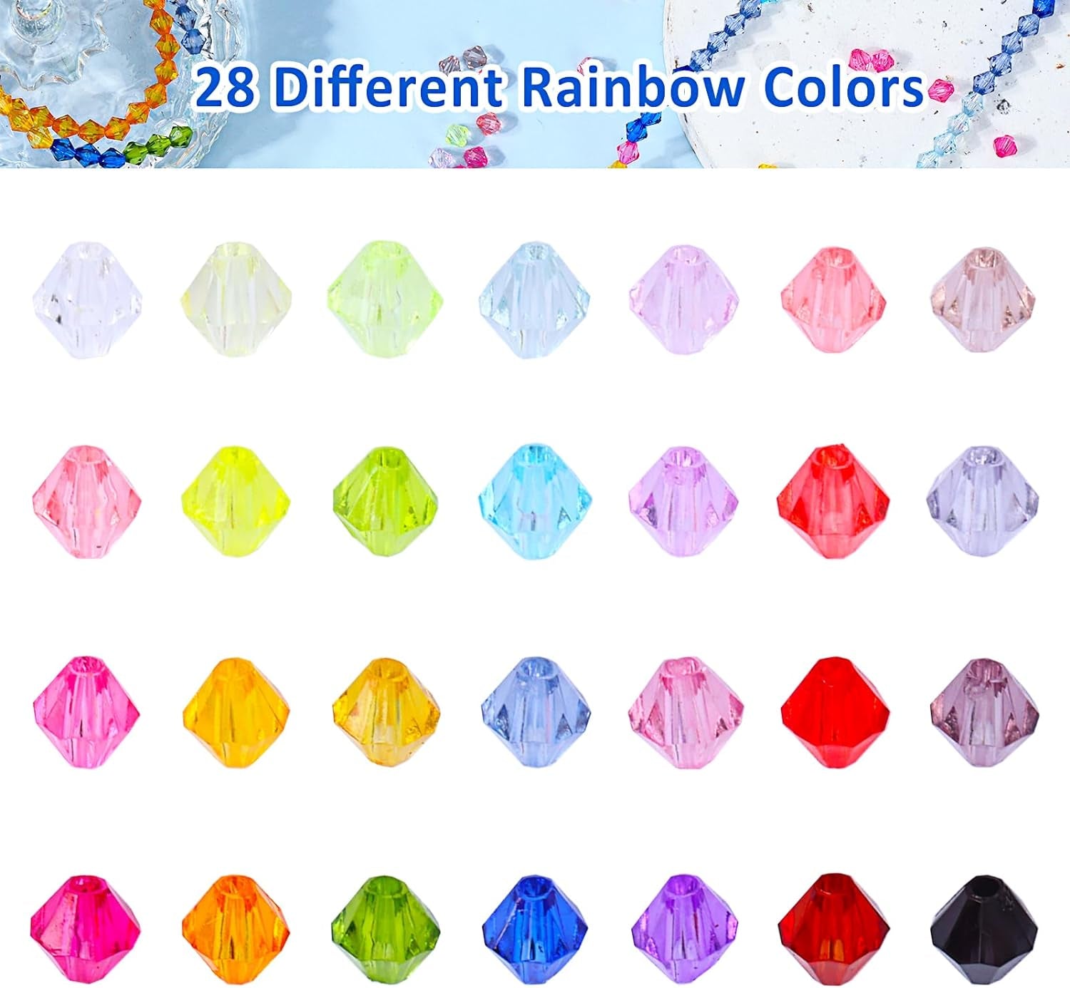 3080Pcs Crystal Beads,Rainbow Acrylic Beads Faceted 6Mm 28 Colors Bicone Colorful Spacers Bulk for Bracelet Necklace Jewelry Making DIY Craft
