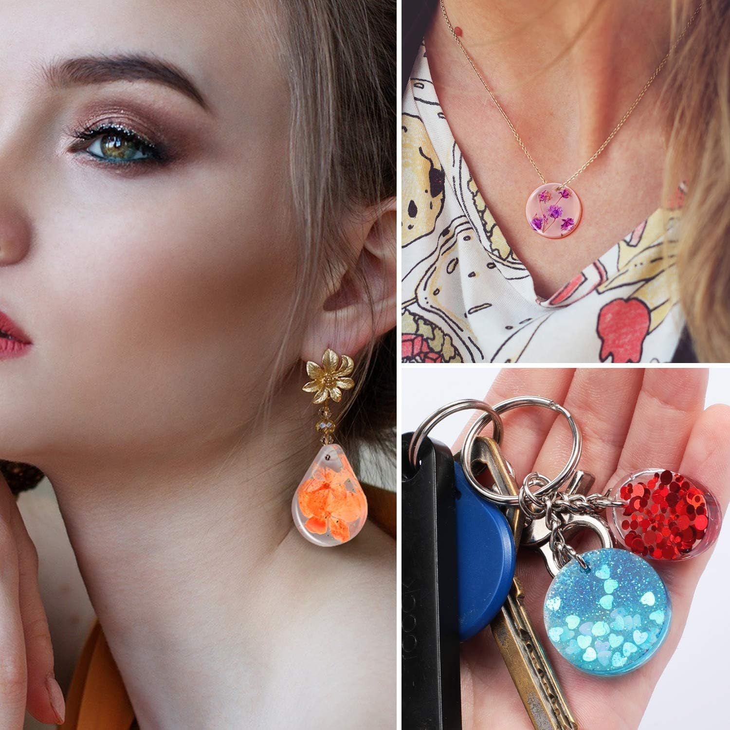 Silicone Resin Keychain Mold Set, Jewelry Pendant Casting Mold DIY Epoxy Keychain Mold with Keychain Rings, Dried Flower and round Sequins for DIY Craft Making Supplies, 67 Pieces