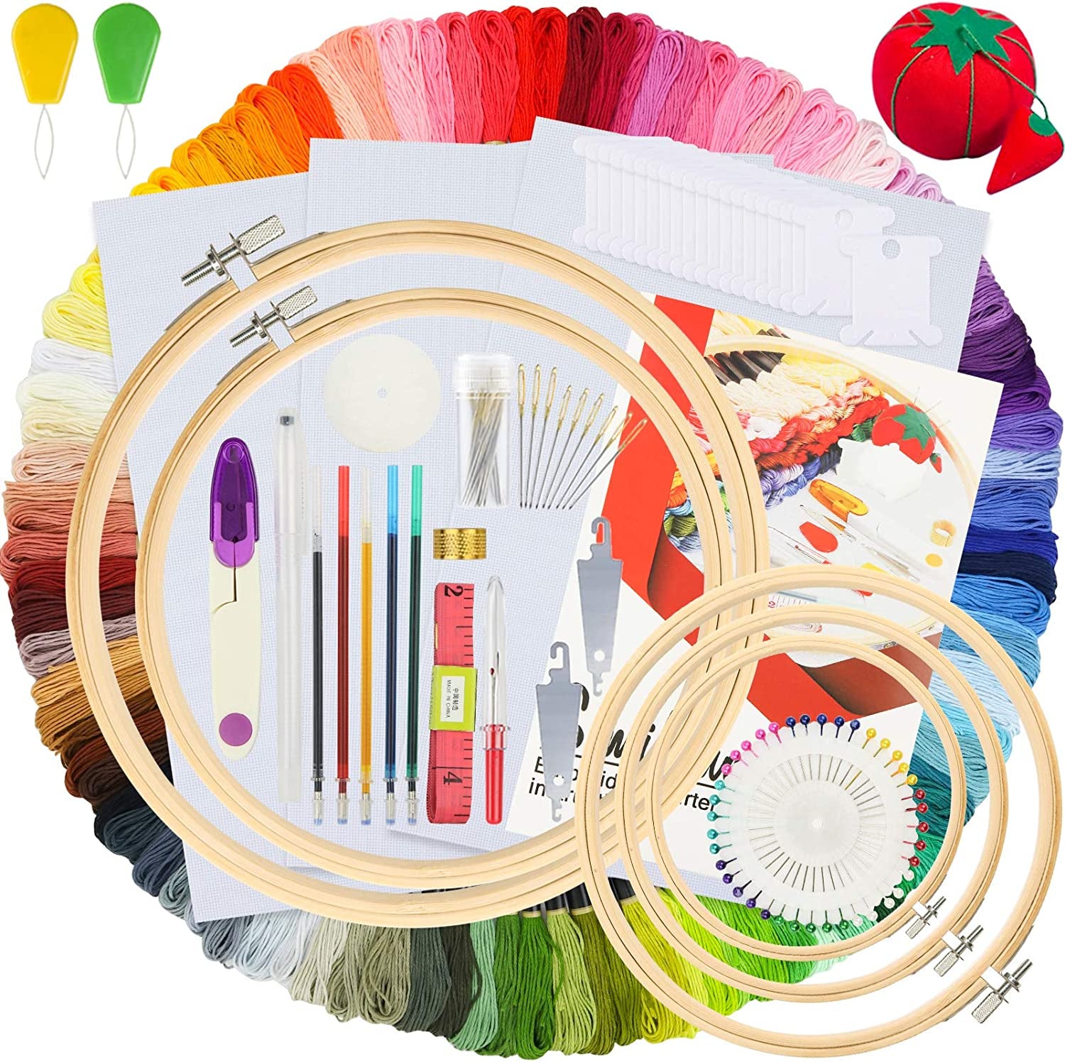 Embroidery Kit 215 Pcs,100 Colors Threads,5 Pcs Embroidery Hoops,3 Pcs Aida Cloth,40 Sewing Pins,Cross Stitch Tools and Embroidery Starter Kit for Adults and Kids Beginners