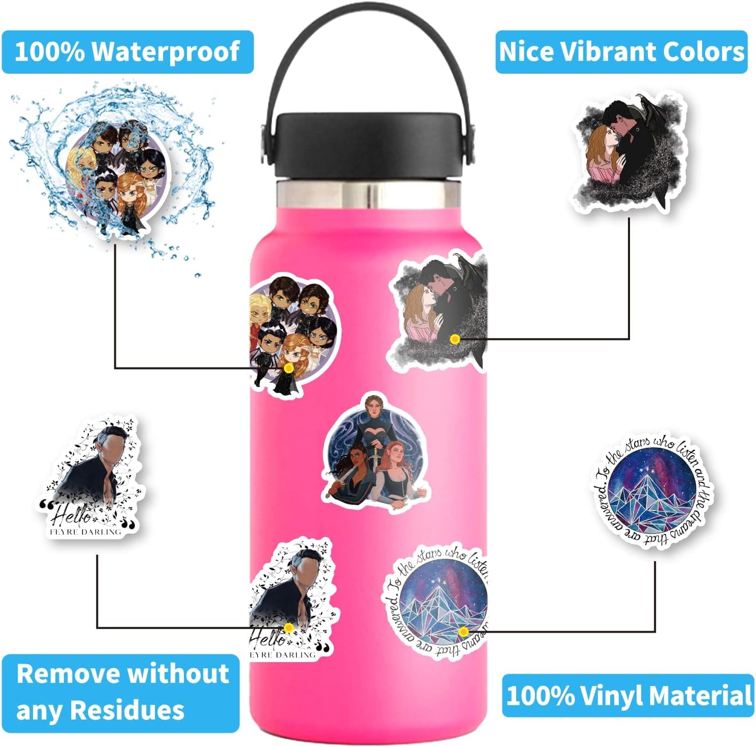 120Pcs Acotar Merchandise Stickers Pack, Book Graphic Vinyl Waterproof Sticker Decals for Water Bottle,Skateboard,Laptop,Phone,Journaling,Scrapbooking for Kids Teens Adults for Party Supply