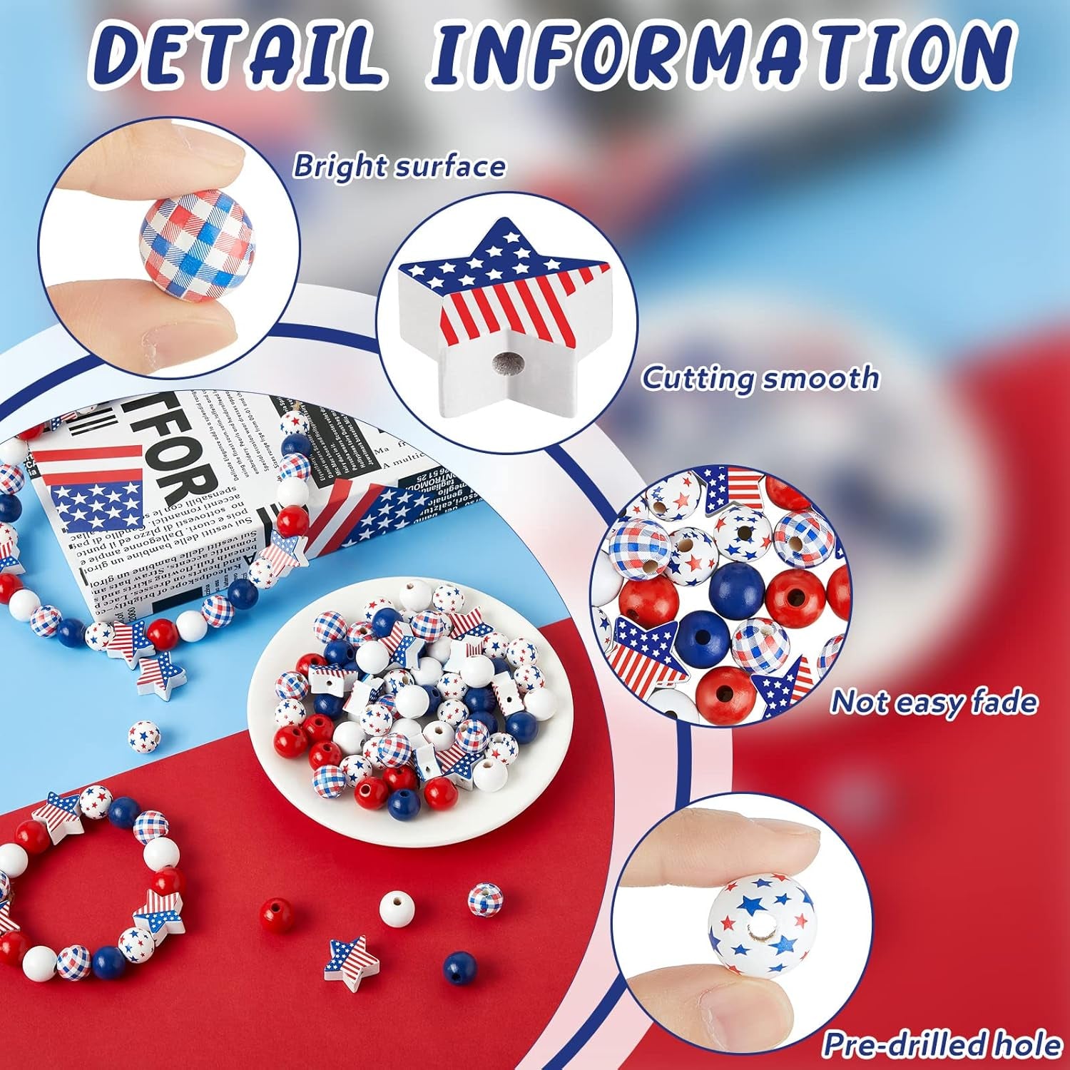 180 Pieces Patriotic Beads 4Th of July Wood Beads Independence Day Craft Bead America Flag Stars Beads Blue White Red Plaid Bead for DIY Garland Bracelet Necklaces Tiered Tray Decor (Classic Style)