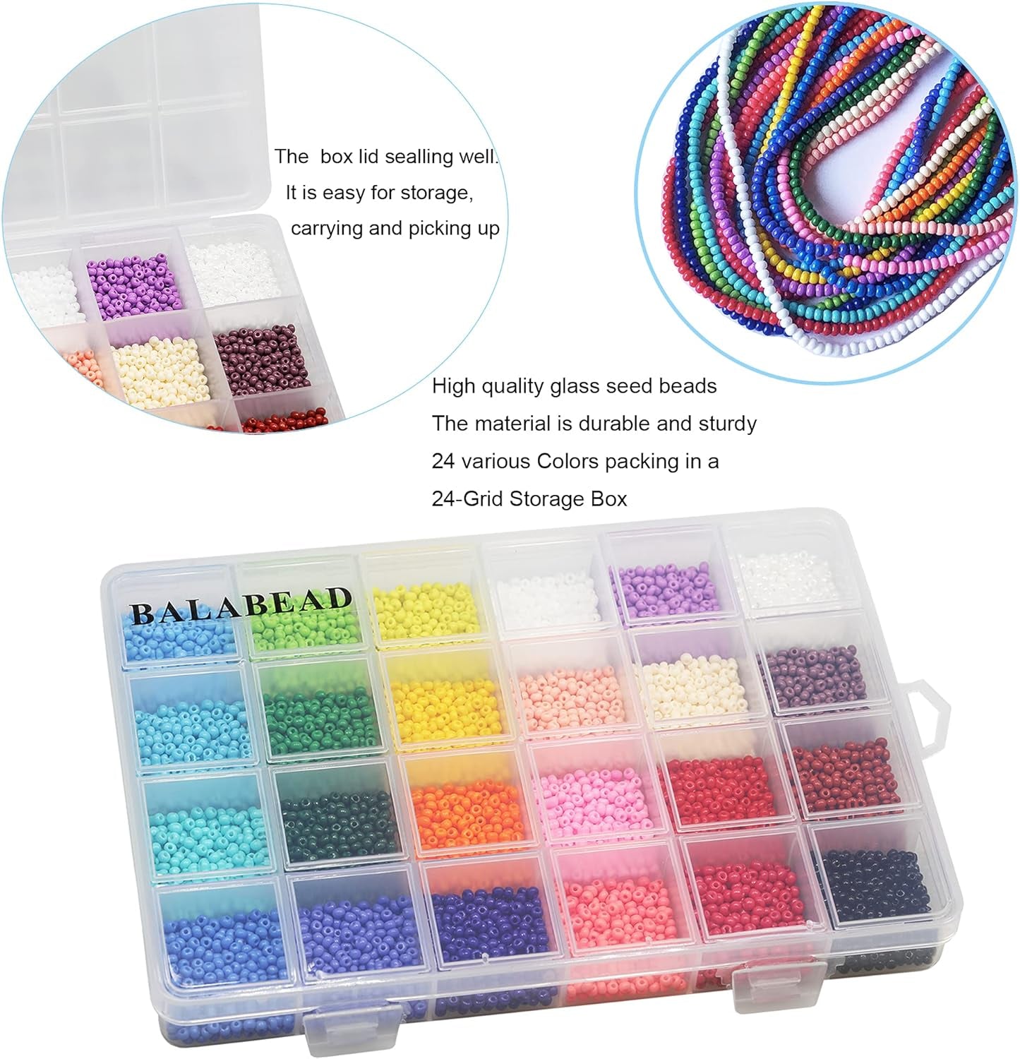 3Mm round Size Almost Uniform Glass Seed Beads with Beading Kit, about 7800Pcs in Box 24 Multicolor Assortment Size 8/0 Craft Seed Beads for Jewelry Making,(About 325Pcs/Color, 24 Colors)