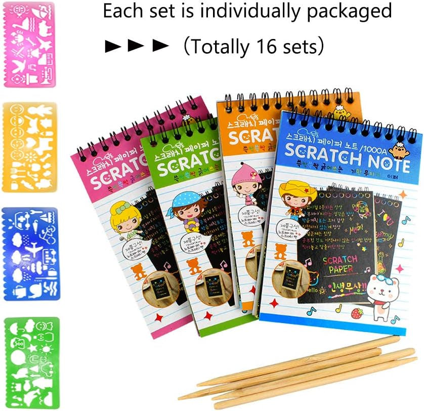 16 Pack Scratch Notebooks, Rainbow Scratch Note Combo Art Set, Magic Scratch Painting & Sketch Art Notes Drawing Notepads for Kids - Includes Drawing Stencil and Wooden Stylu with Each Note