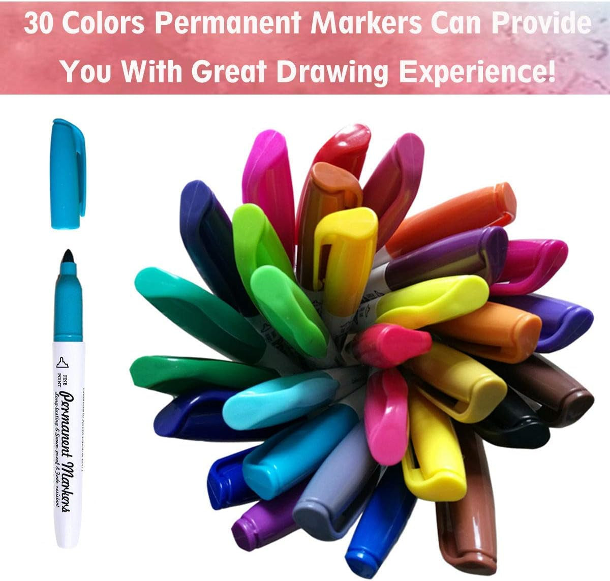 Permanent Marker, 30 Colors Fine Point Permanent Markers, Works Well on Paper, Canvas, Fabric, Crafts,Glass,Metal,Wood Good for Painting, Coloring and Doodling by
