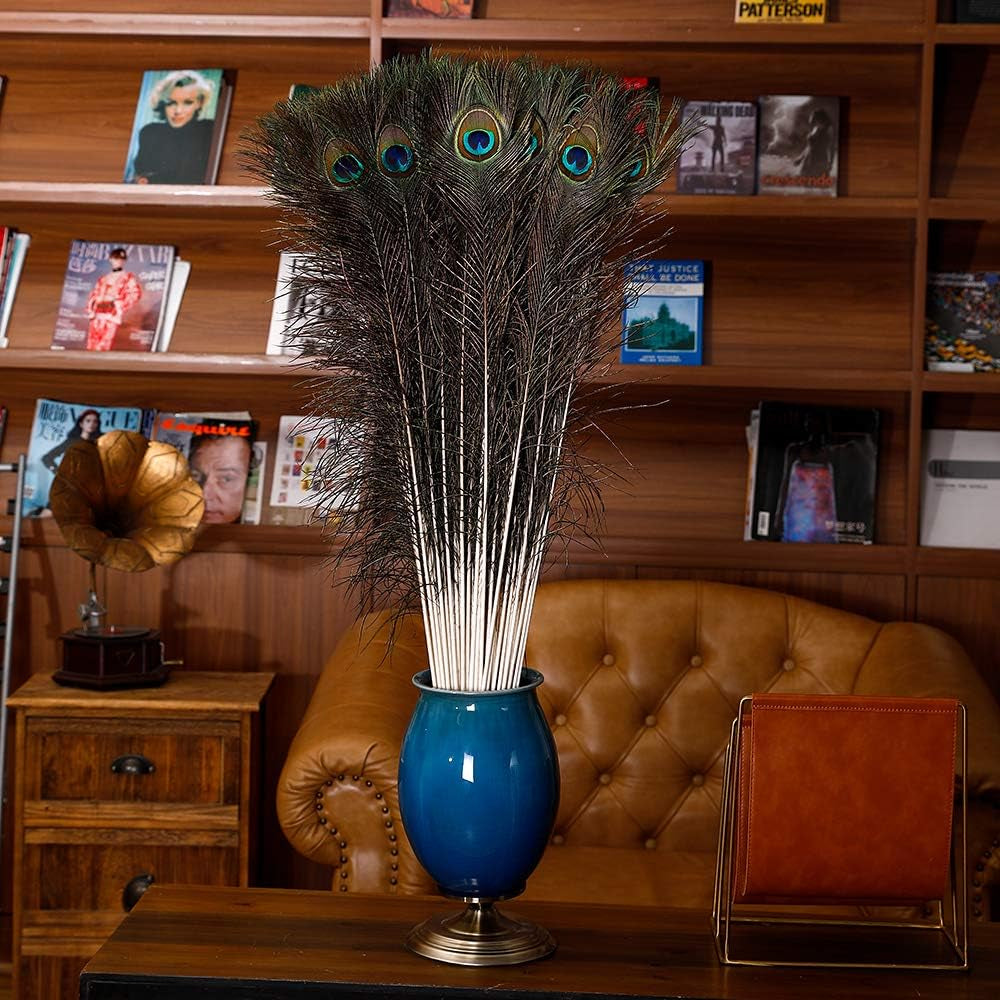 20Pcs Natural Peacock Feathers Long Pole Bulk 40-45 Inch for DIY Craft, Wedding Holiday Decorationn and Floral Arrangement