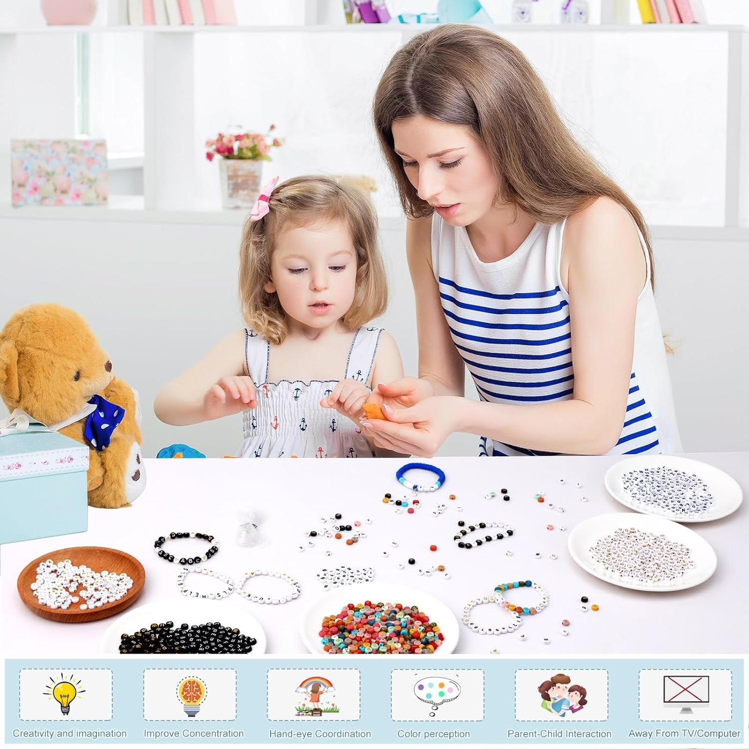 2000Pcs Letter Beads for Bracelets, 9 Color round Alphabet Number Beads with 1 Roll Elastic String for Bracelet Necklace Jewelry Making Supplies (7X4Mm)