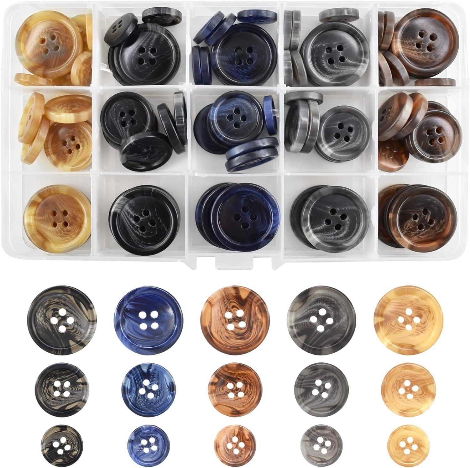 90Pcs Faux Buffalo Horn Suit Coats Buttons 5 Color 3 Sizes 15Mm, 20Mm, 25Mm Buttons Set for Suits, Sport Coat, Uniform, Jackets Sleeves and Pants (Royal Blue, Beige, Gray, Black, Coffee)