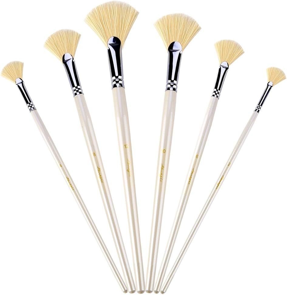 Fan Brush Set - Hog Bristle Natural Hair - Artist Soft Anti-Shedding Paint Brushes for Acrylic Watercolor Oil Painting, Long Wood Handle with Case, Set of 6