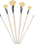 Fan Brush Set - Hog Bristle Natural Hair - Artist Soft Anti-Shedding Paint Brushes for Acrylic Watercolor Oil Painting, Long Wood Handle with Case, Set of 6